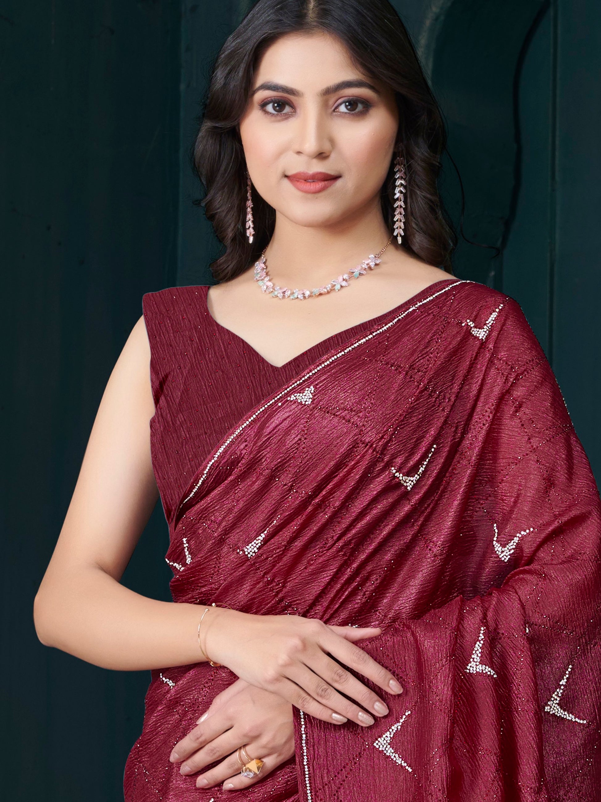 Wonderful Maroon Diamond Work Crepe Silk Wedding Wear Saree
