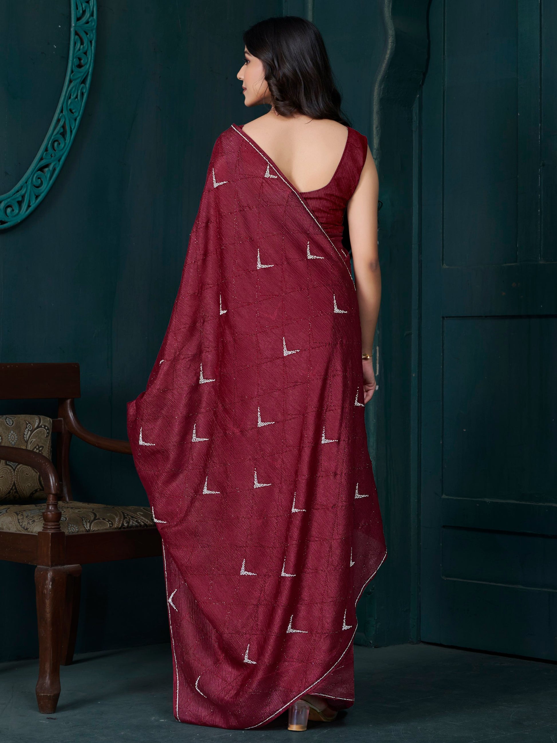 Wonderful Maroon Diamond Work Crepe Silk Wedding Wear Saree