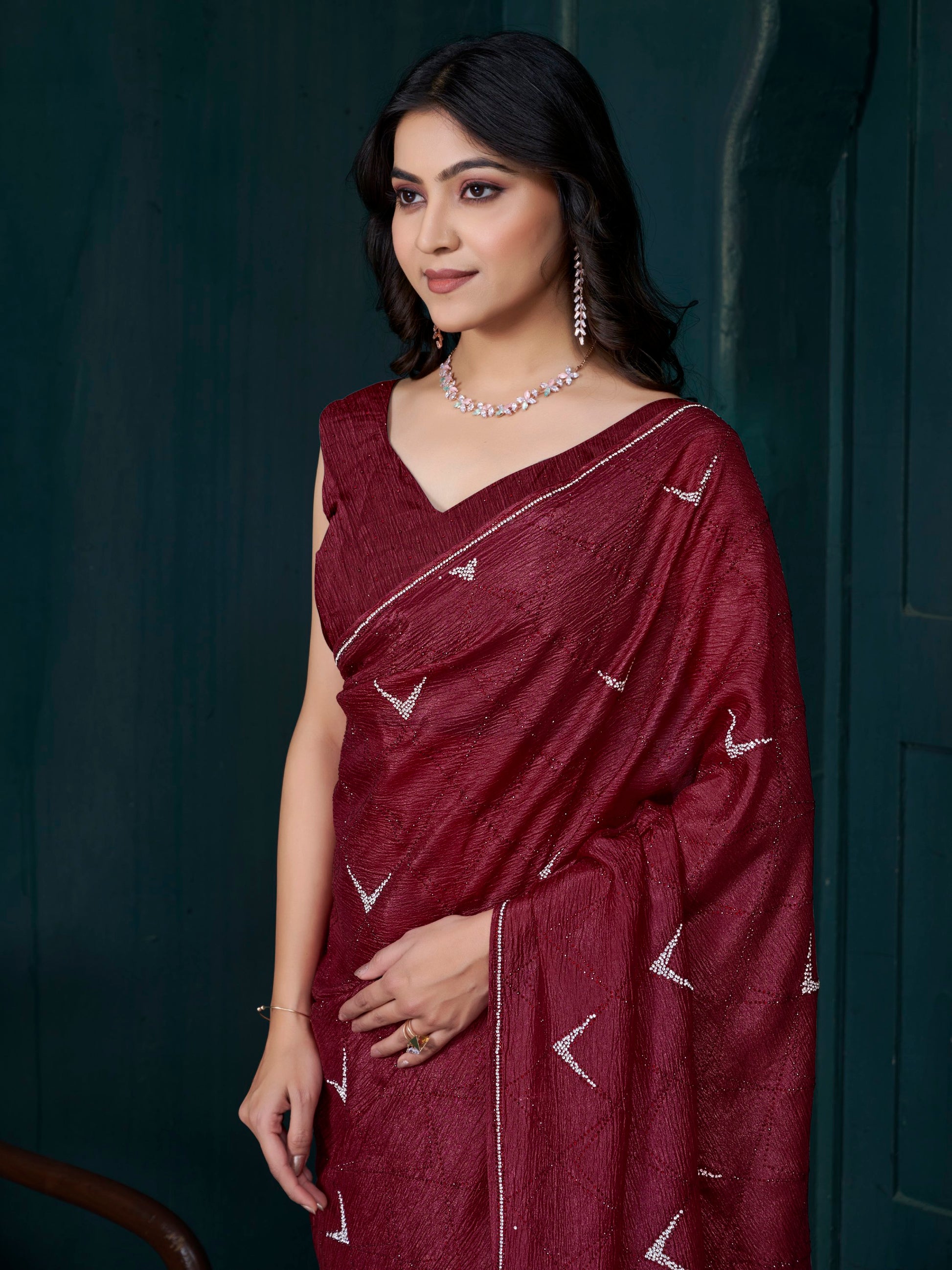 Wonderful Maroon Diamond Work Crepe Silk Wedding Wear Saree