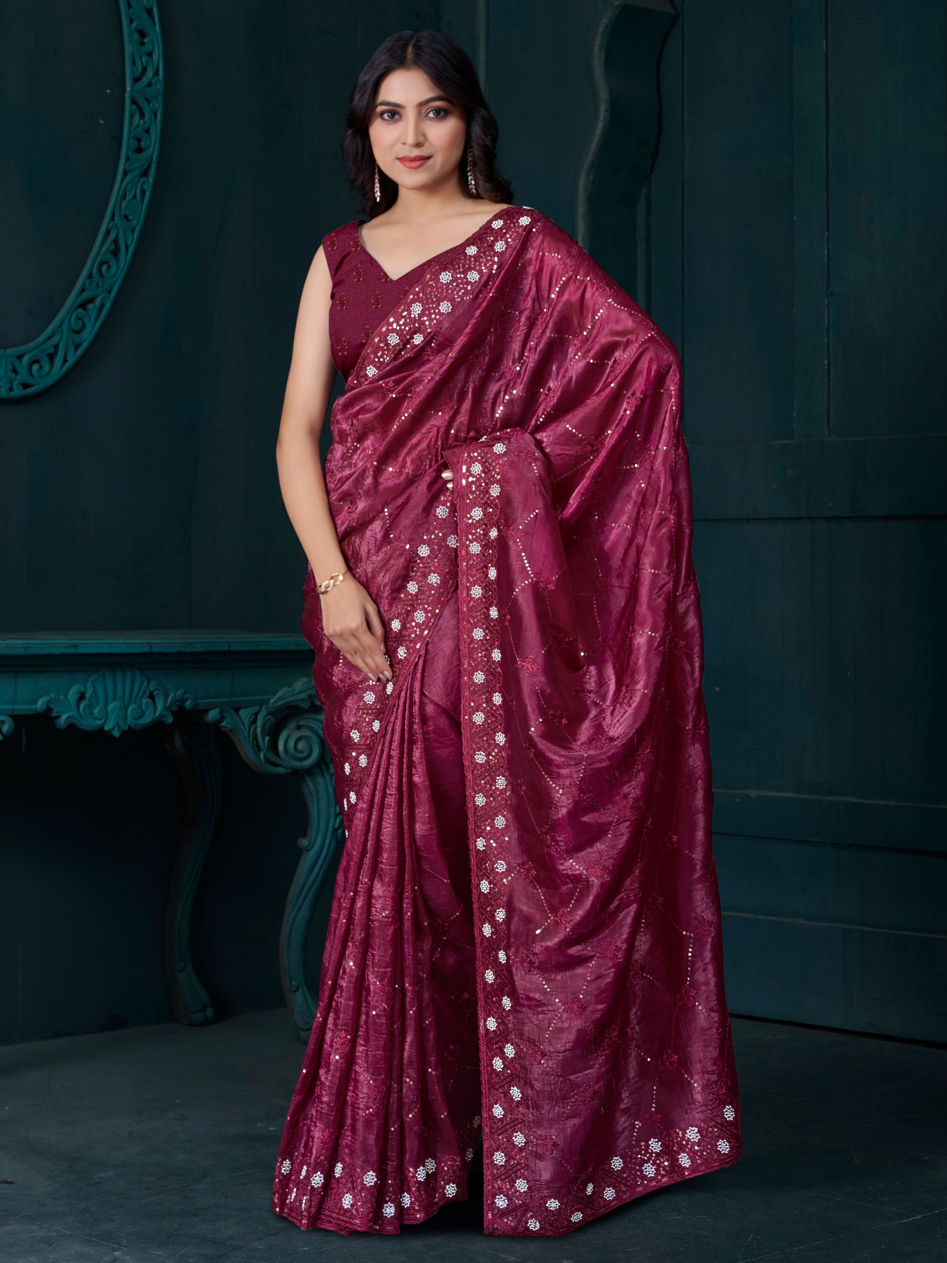 Tantalizing Maroon Sequins Work Silk Festive Wear Saree With Blouse