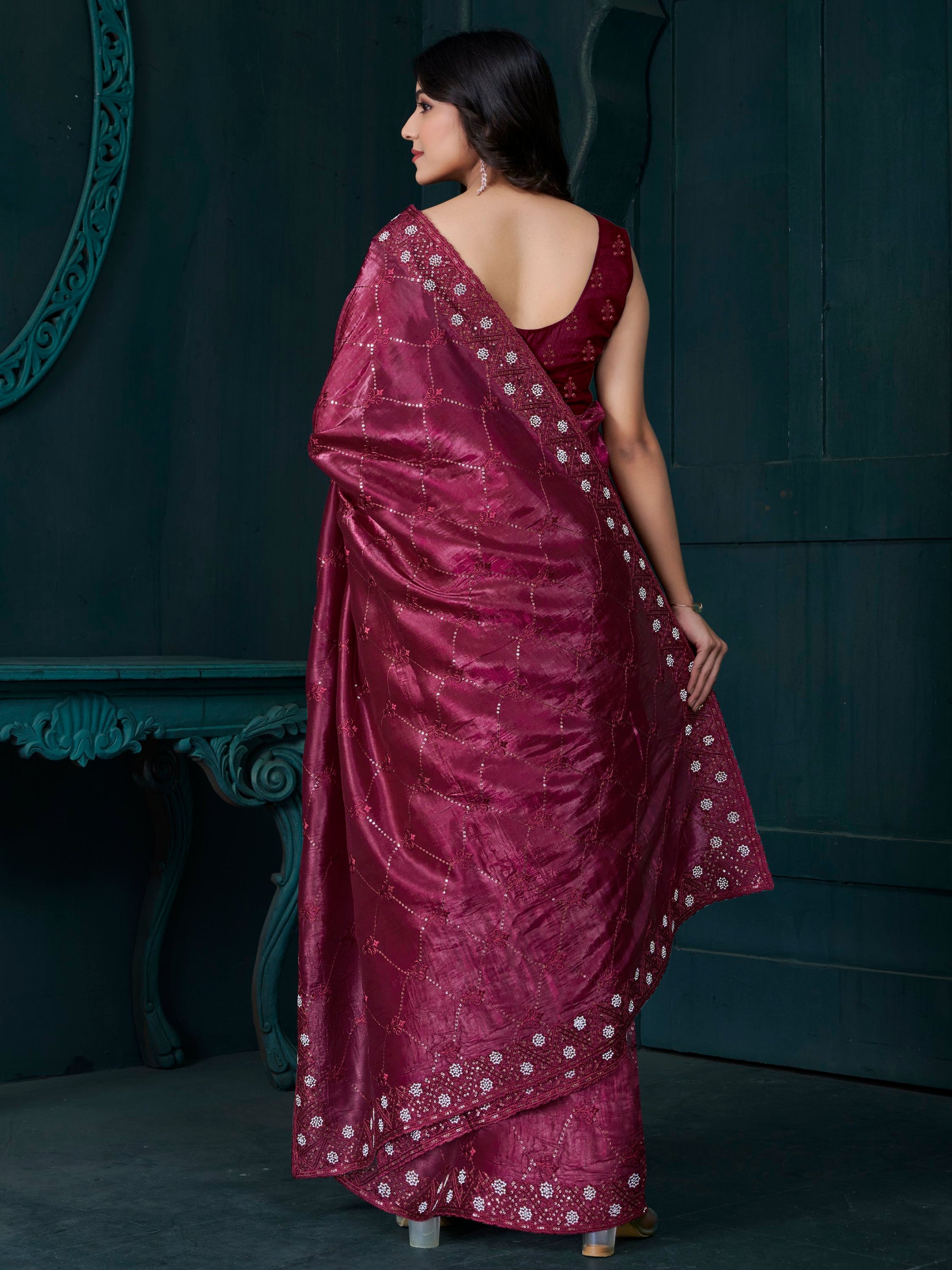 Tantalizing Maroon Sequins Work Silk Festive Wear Saree With Blouse