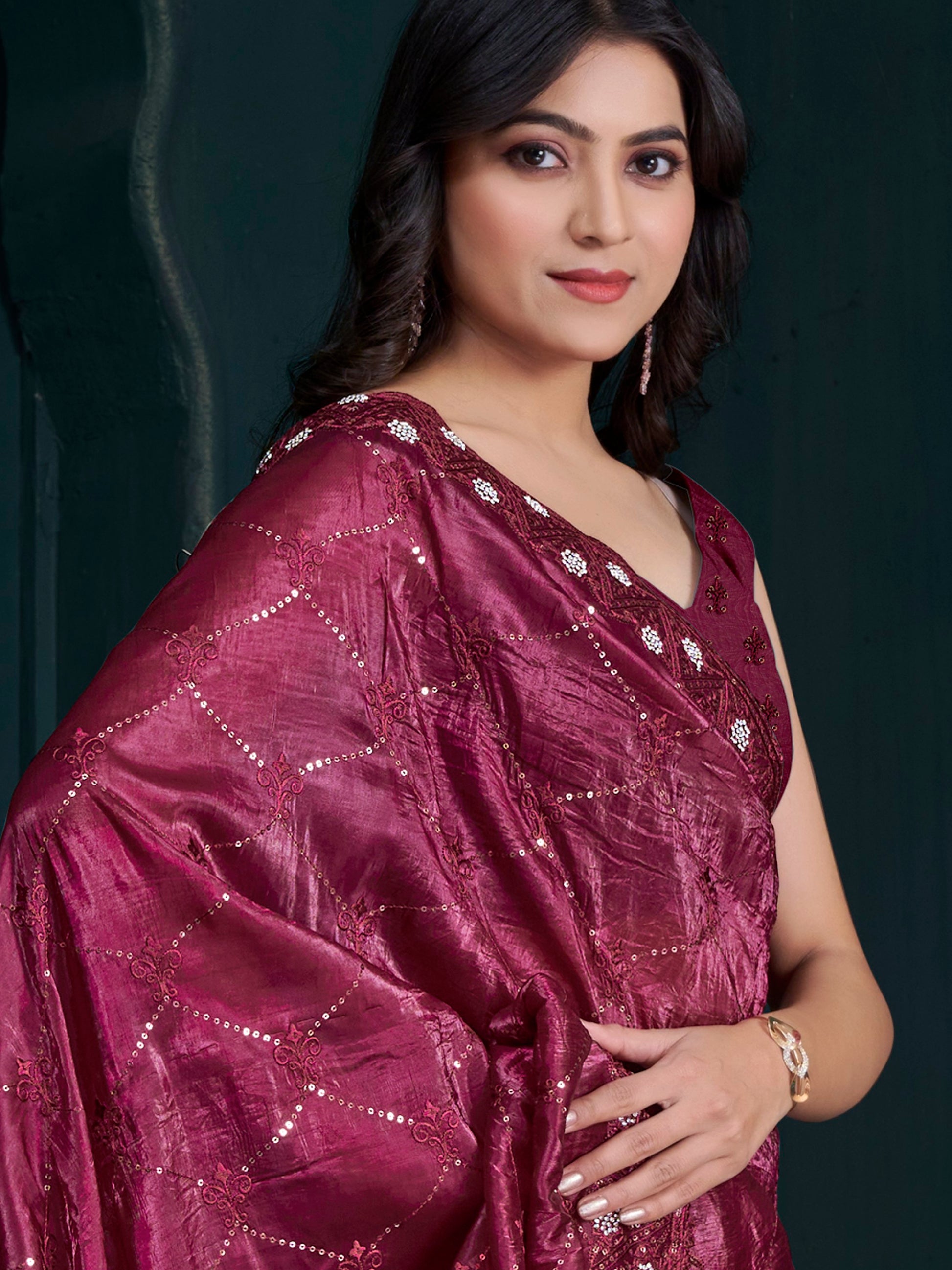 Tantalizing Maroon Sequins Work Silk Festive Wear Saree With Blouse