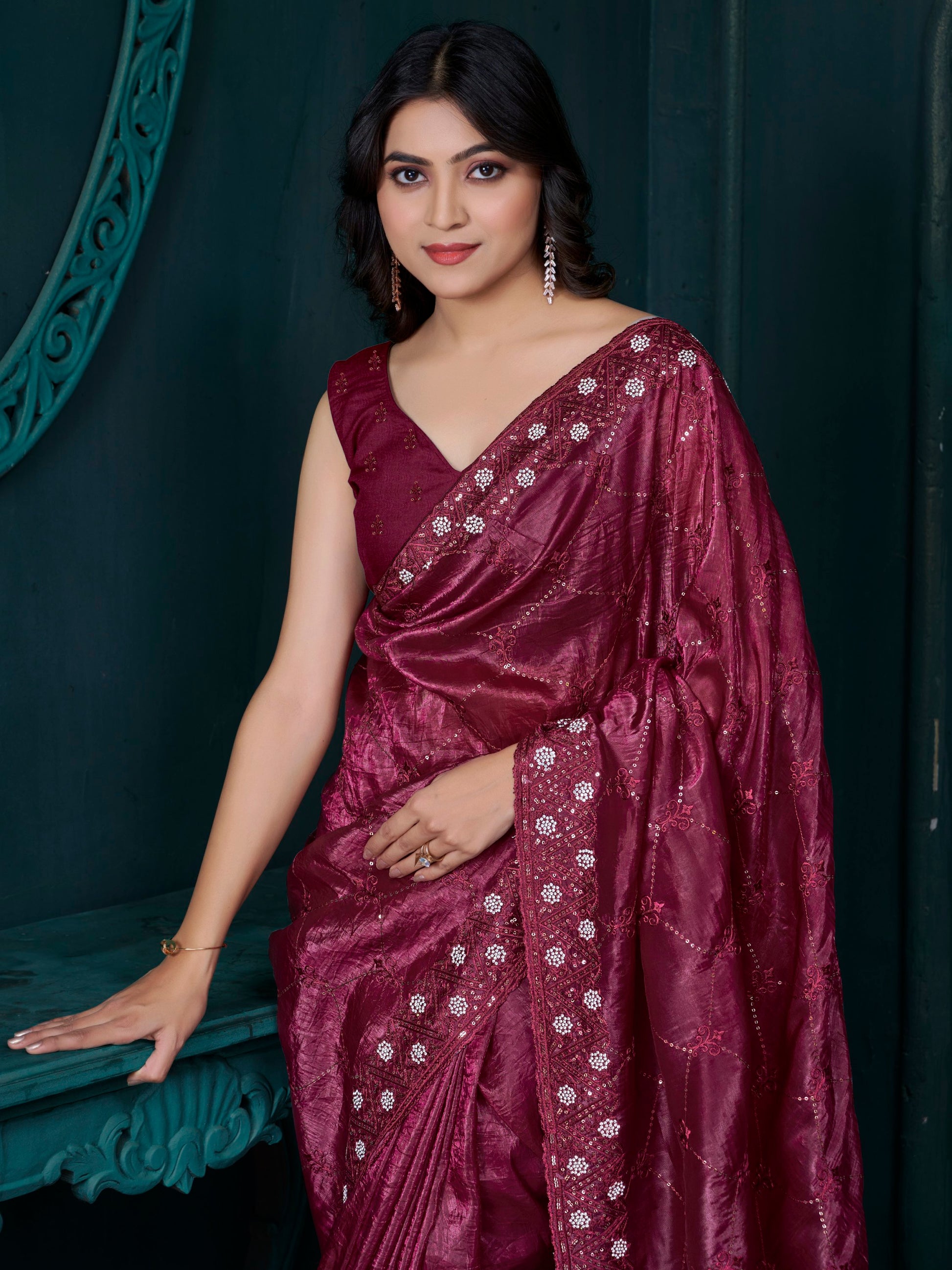 Tantalizing Maroon Sequins Work Silk Festive Wear Saree With Blouse