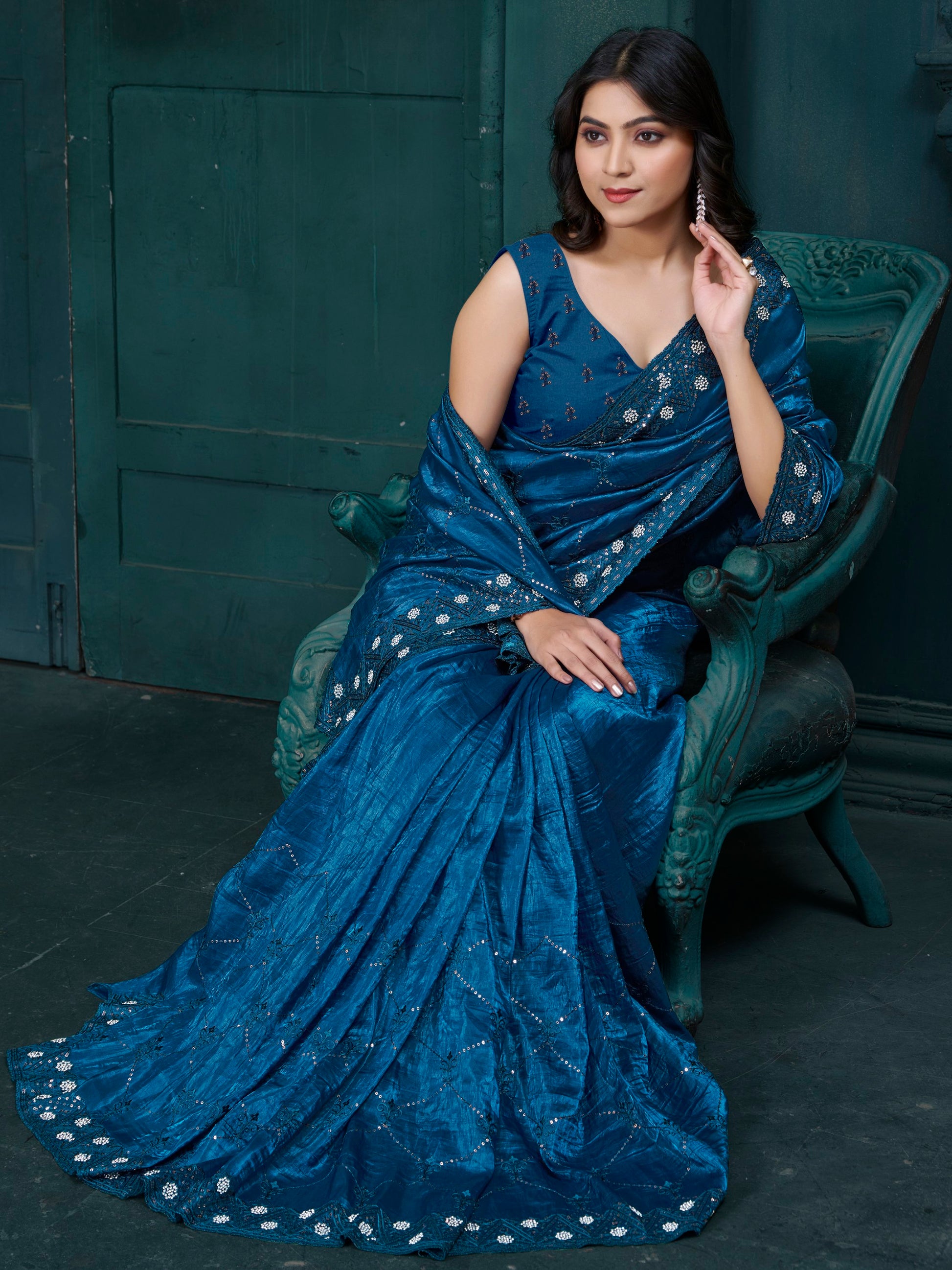 Bewitching Teal Blue Thread Embroidered Silk Party Wear Saree