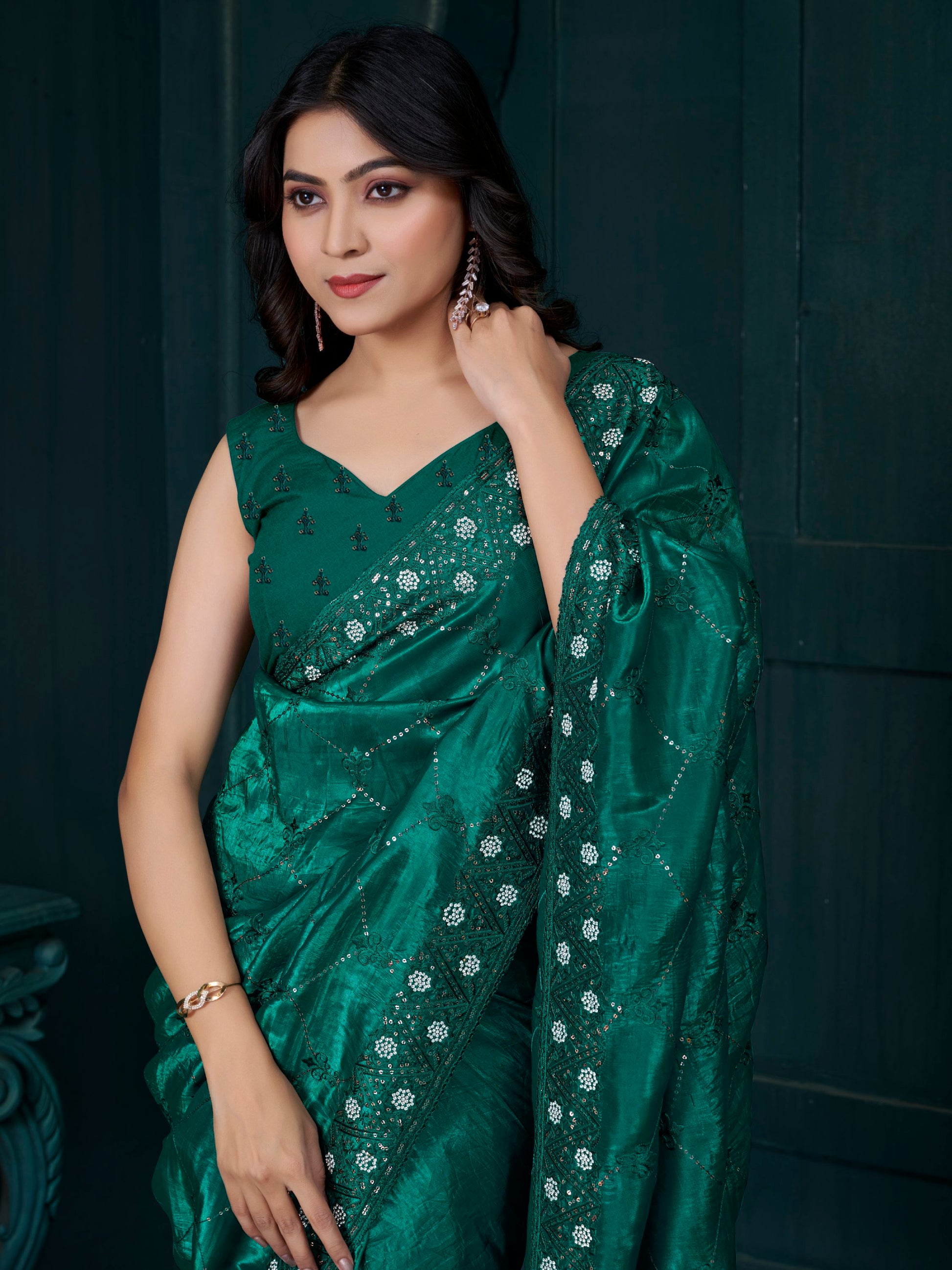 Gorgeous Teal Green Sequins Work Silk Festive Wear Saree With Blouse