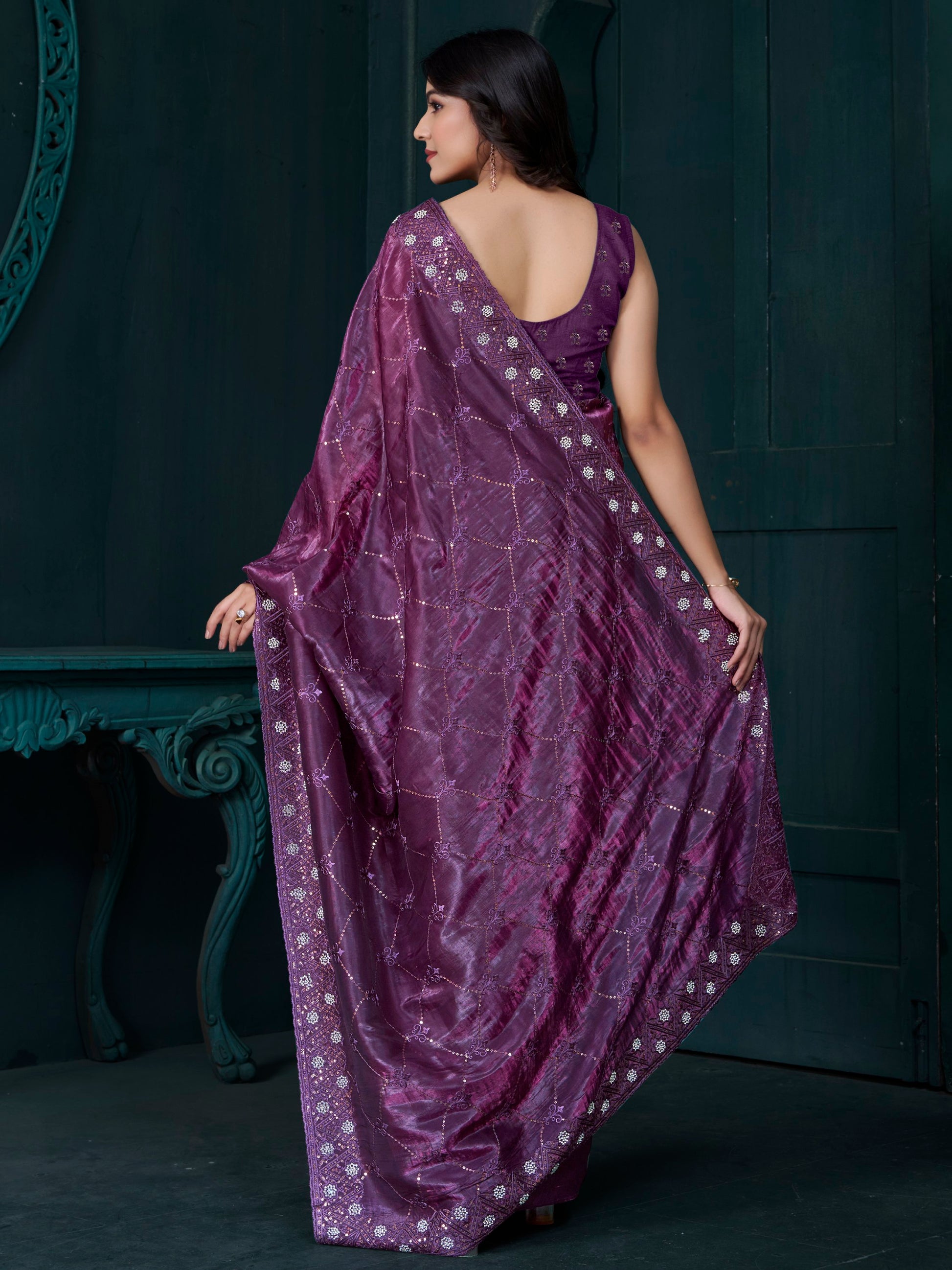 Charming Purple Embroidered Silk Event Wear Saree With Blouse