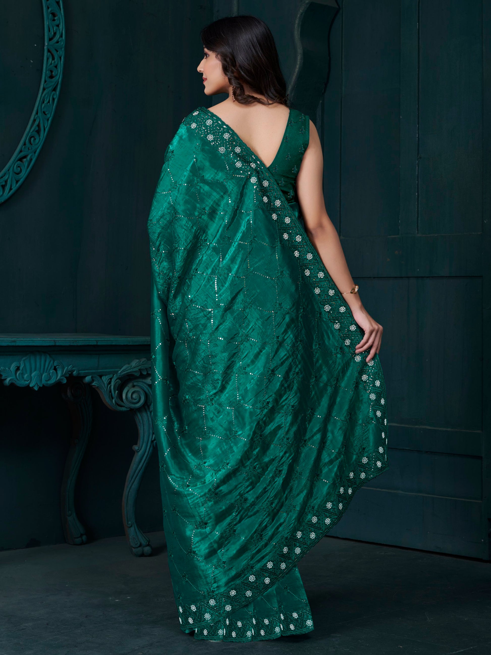 Gorgeous Teal Green Sequins Work Silk Festive Wear Saree With Blouse