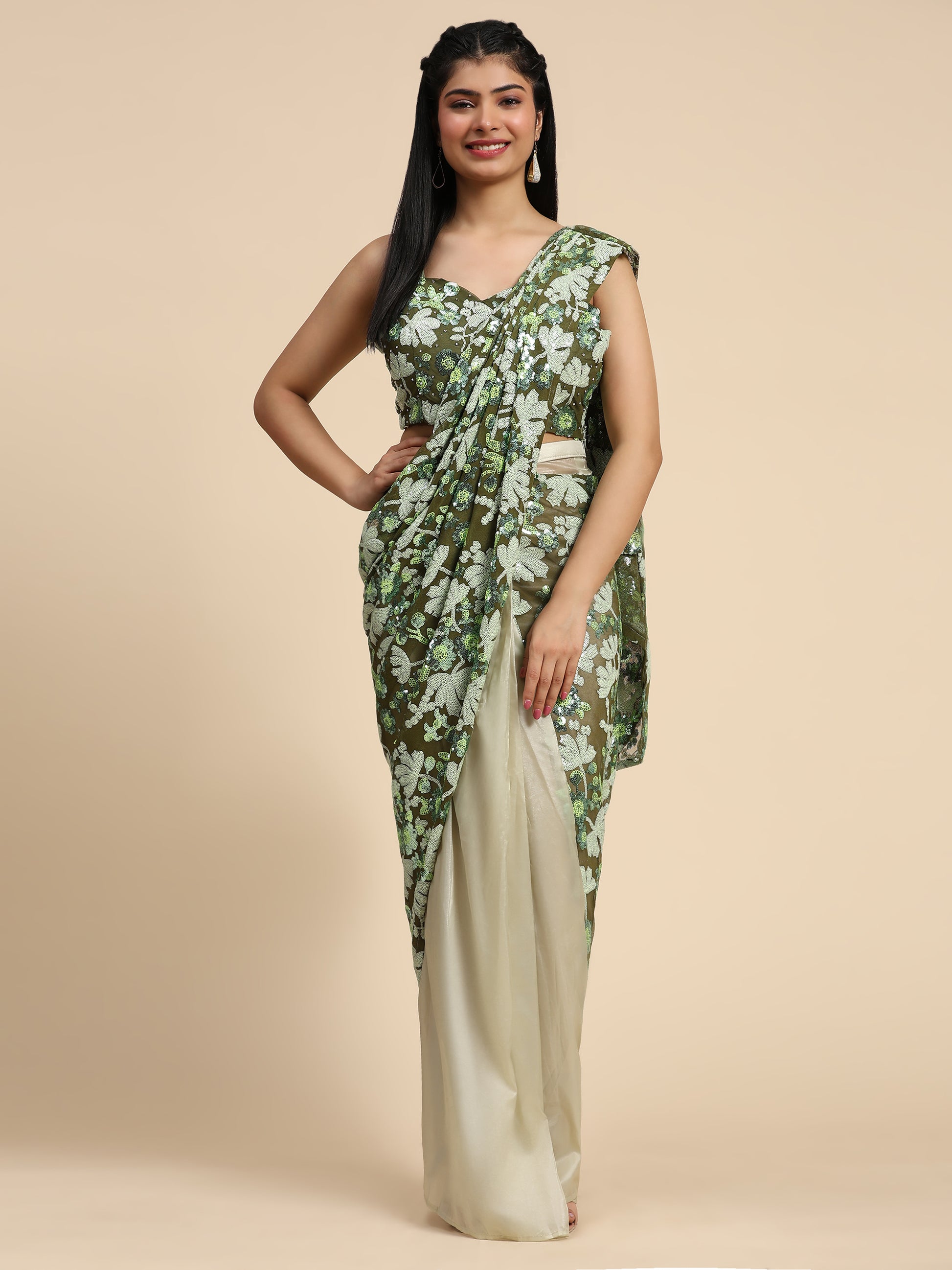 Fascinating Green Sequins Ready To Wear Saree With Blouse