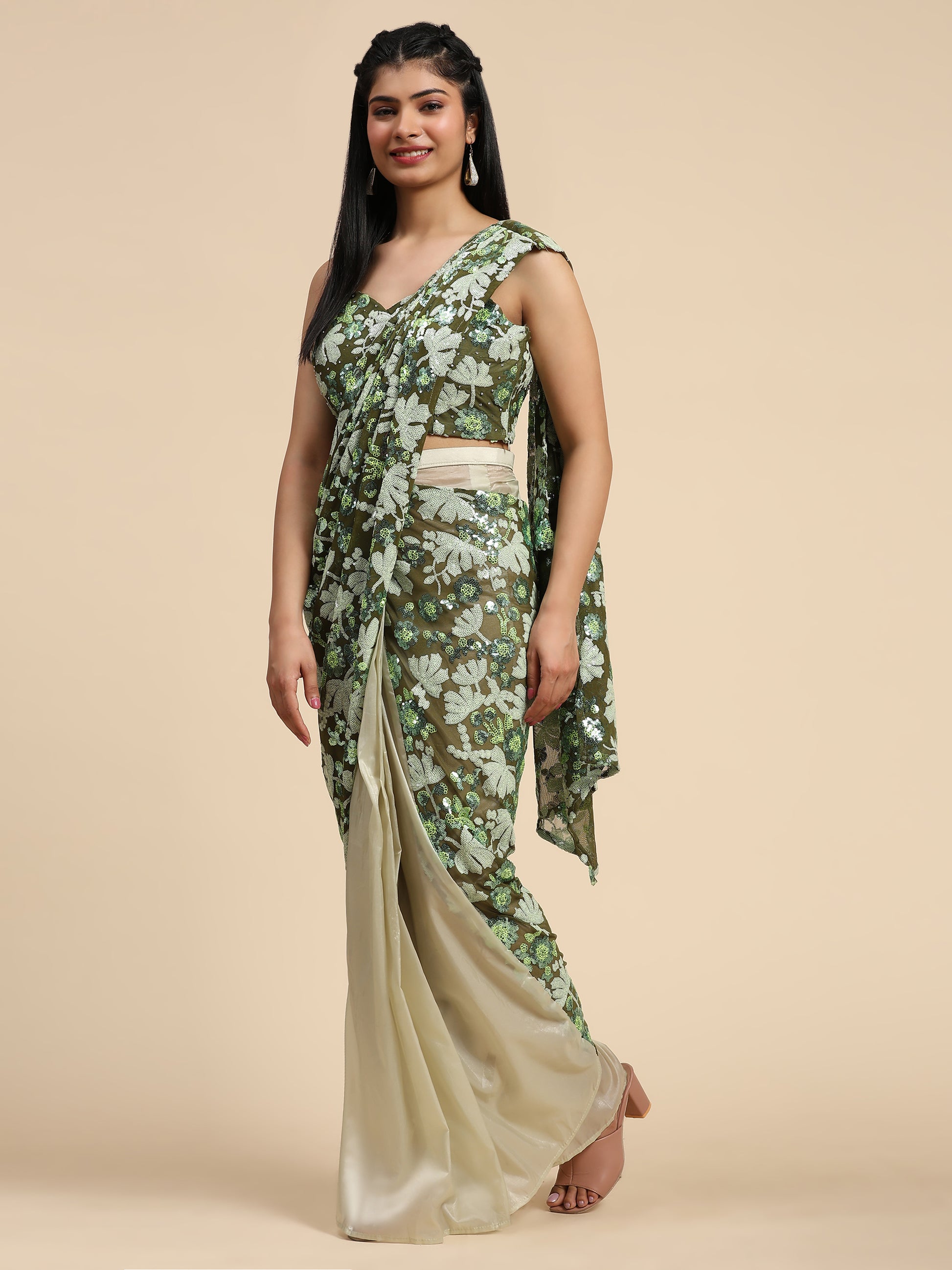 Fascinating Green Sequins Ready To Wear Saree With Blouse