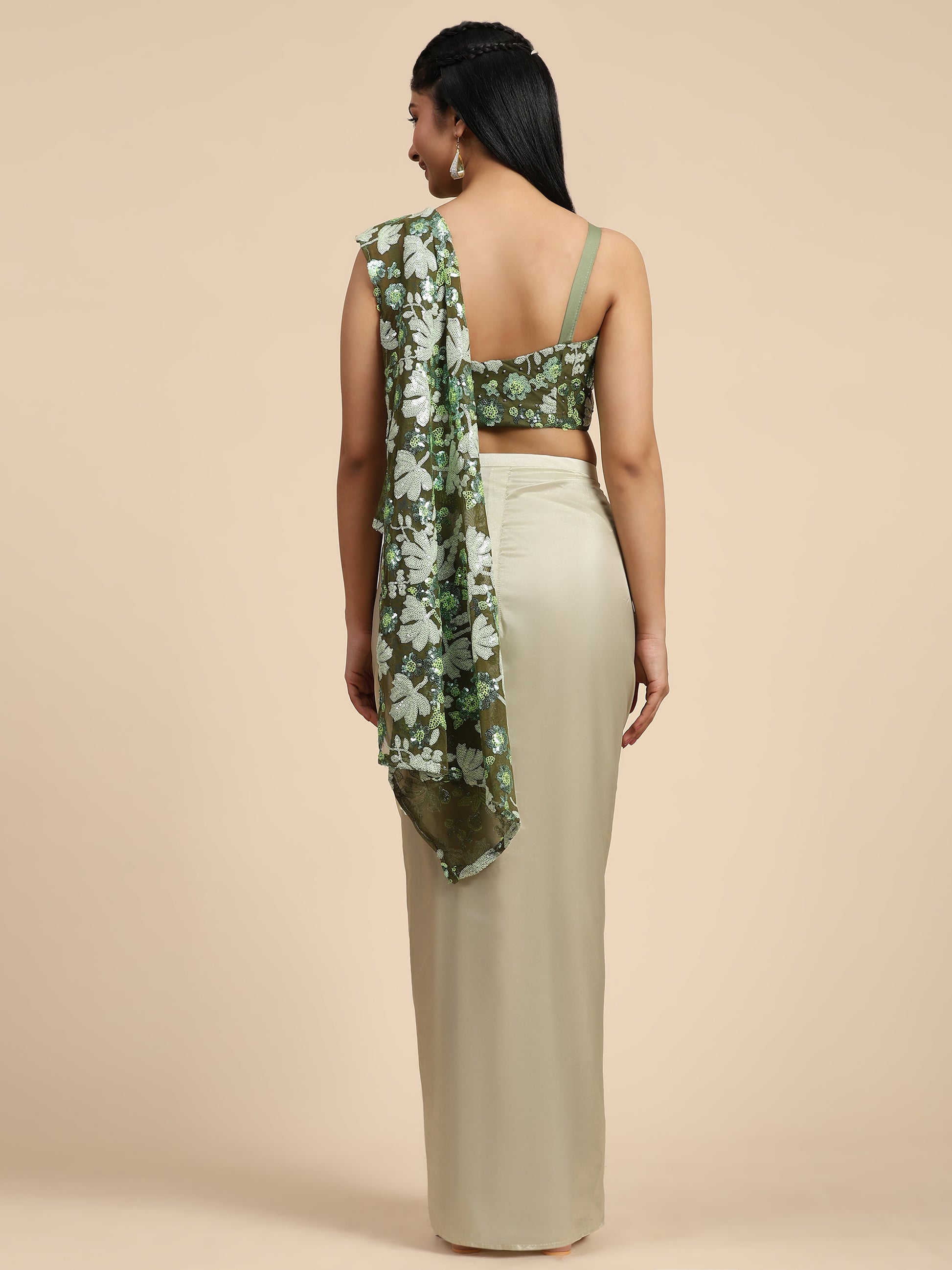 Fascinating Green Sequins Ready To Wear Saree With Blouse