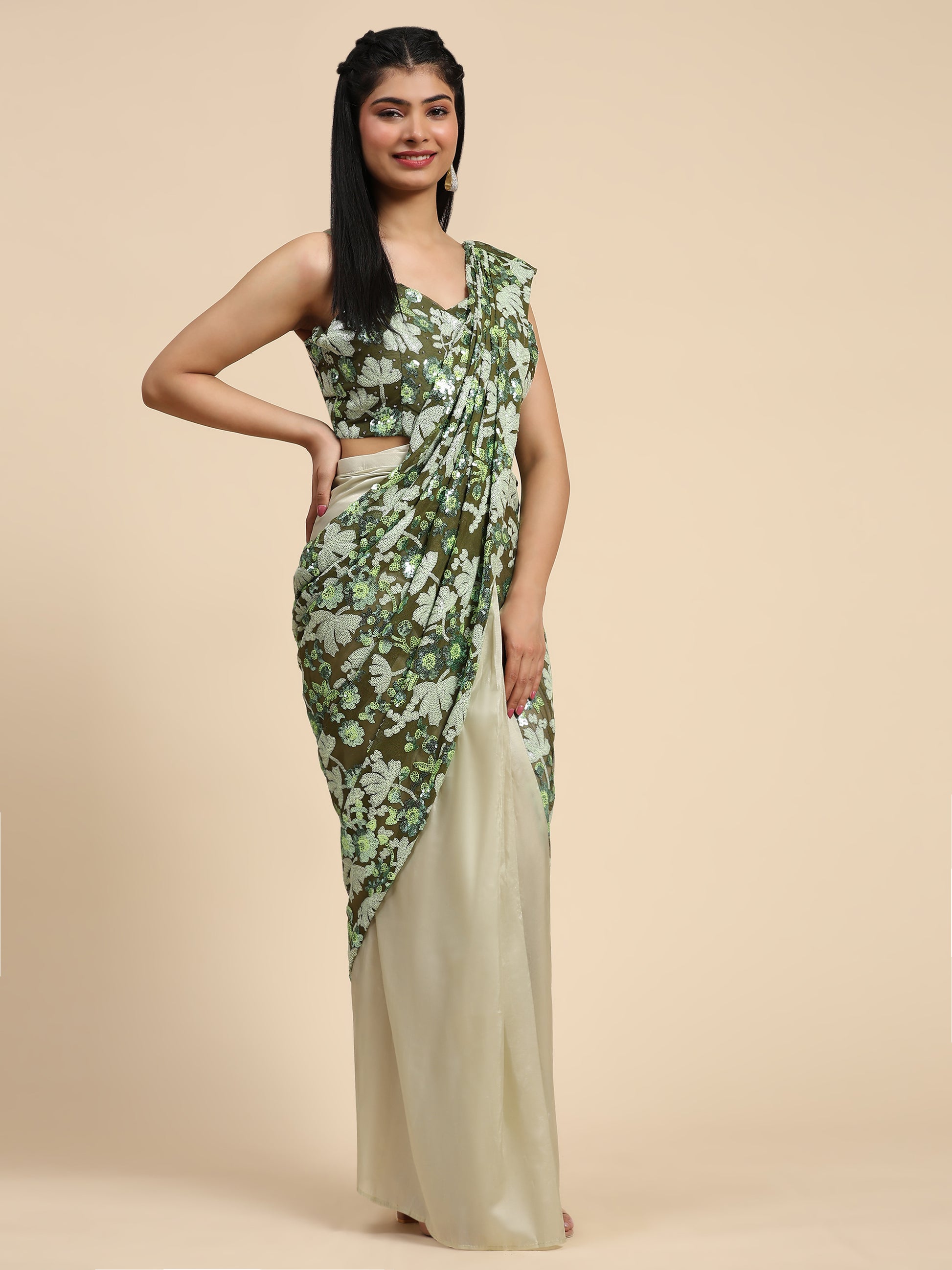 Fascinating Green Sequins Ready To Wear Saree With Blouse