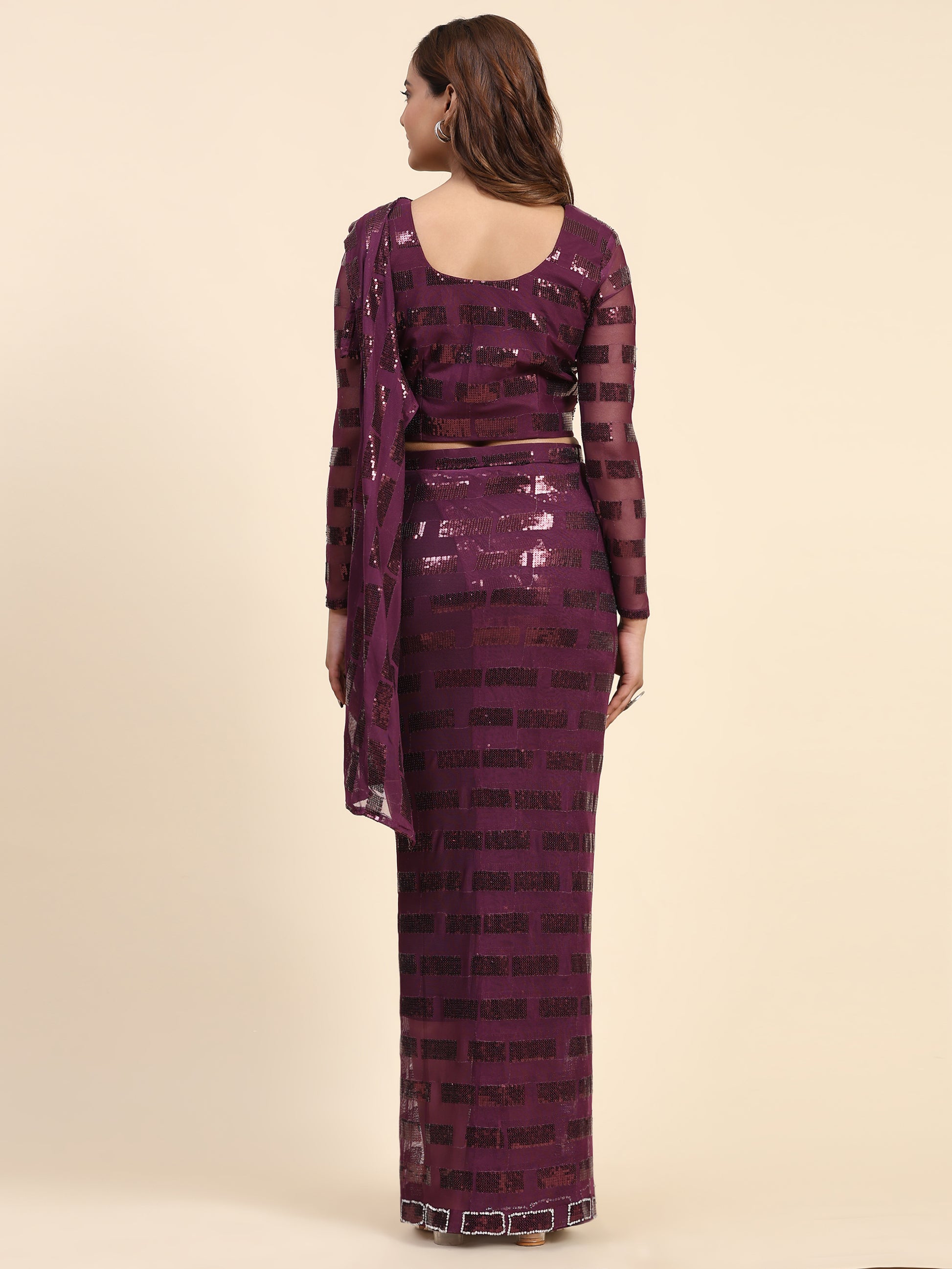 Awesome Wine Sequins Georgette Ready To Wear Saree With Blouse