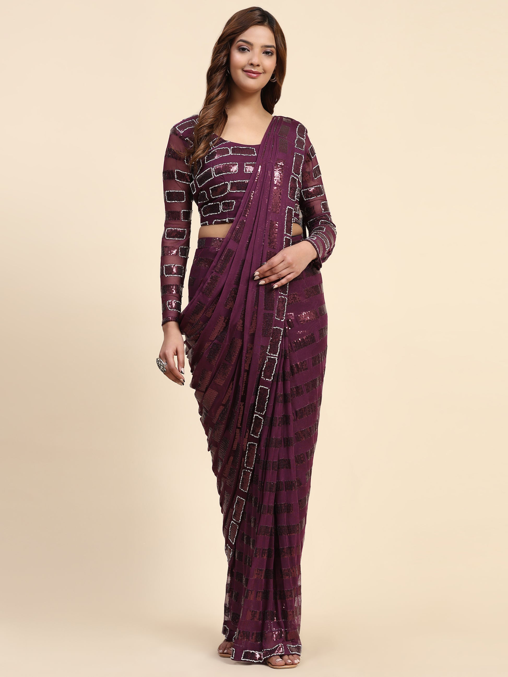Awesome Wine Sequins Georgette Ready To Wear Saree With Blouse