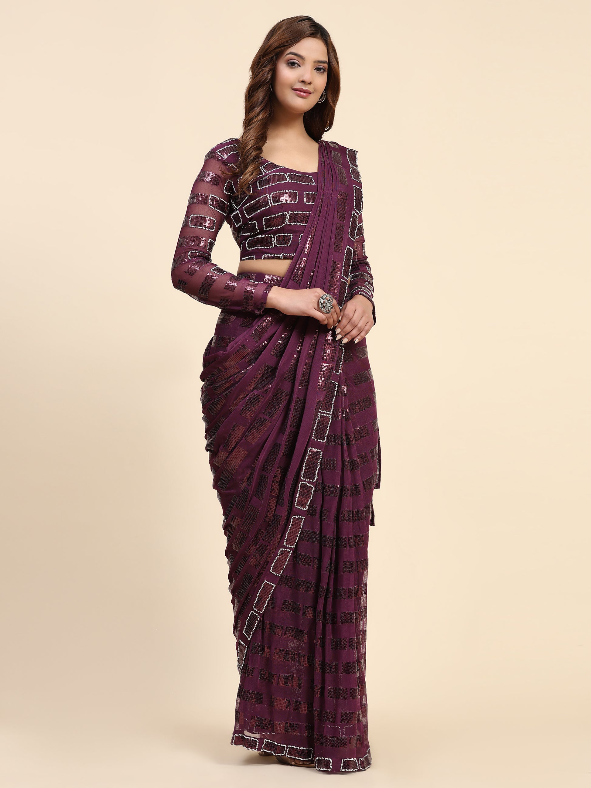 Awesome Wine Sequins Georgette Ready To Wear Saree With Blouse