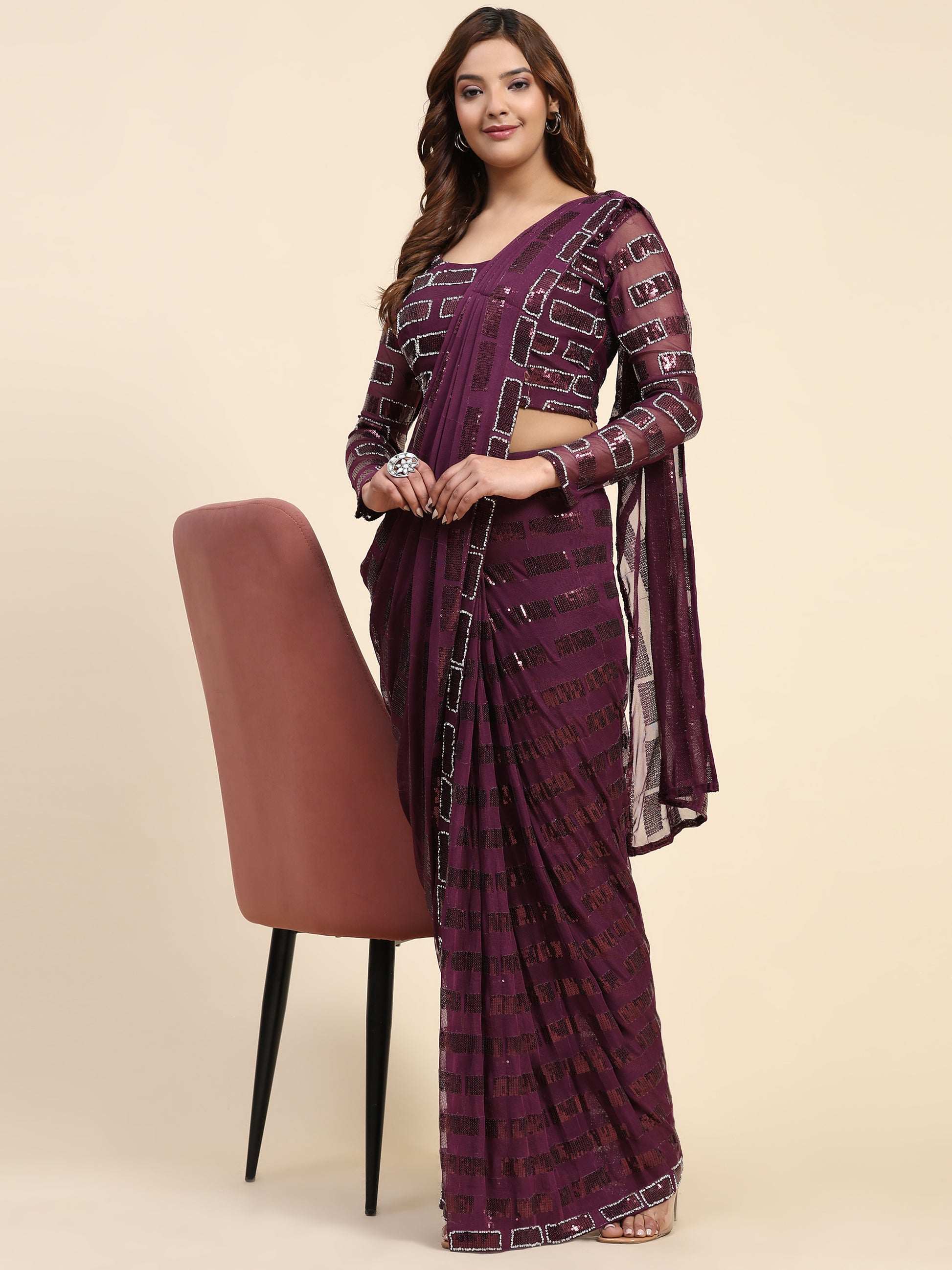 Awesome Wine Sequins Georgette Ready To Wear Saree With Blouse