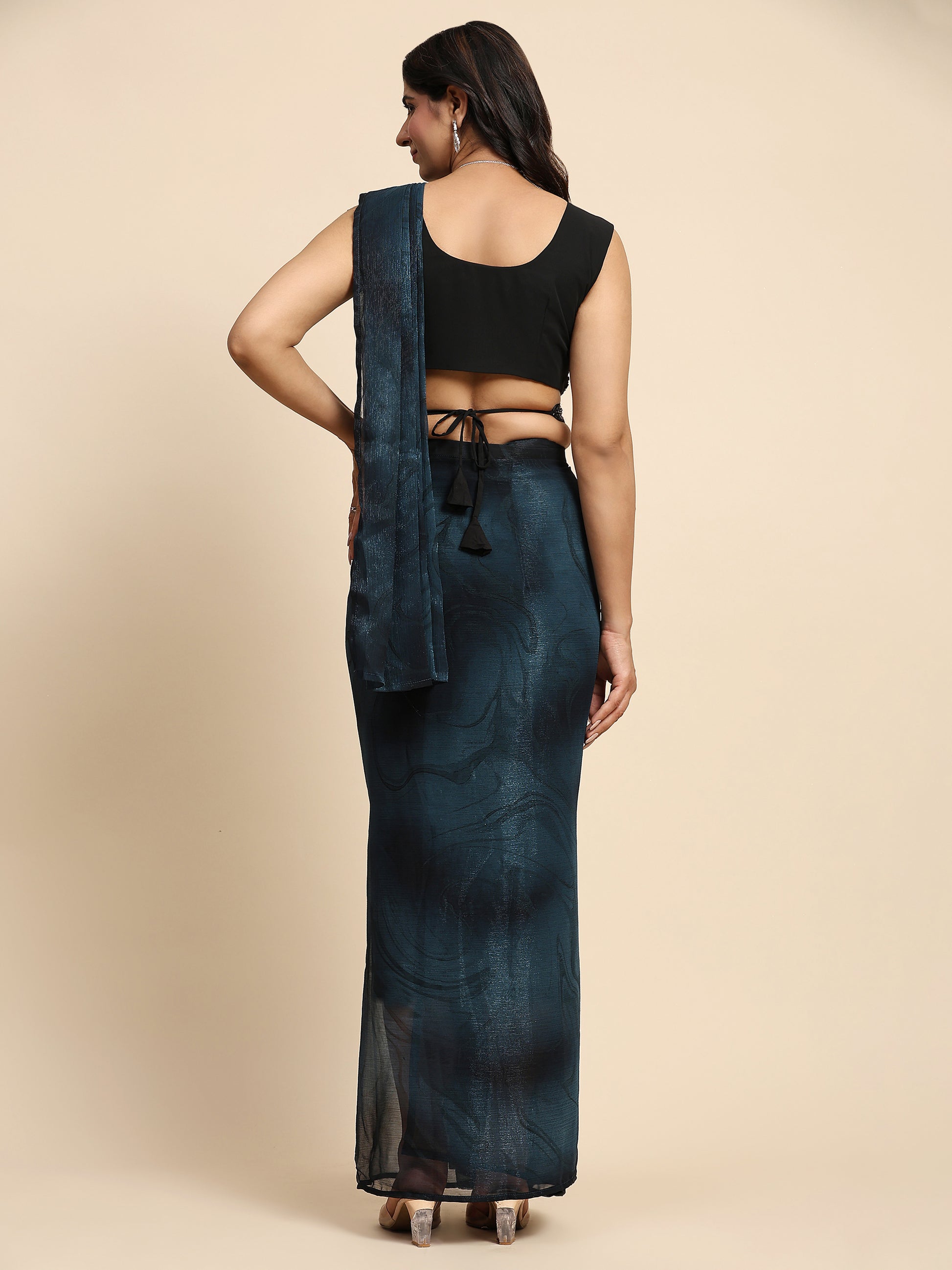 Stunning Navy Blue Printed Satin Ready To Wear Saree With Blouse