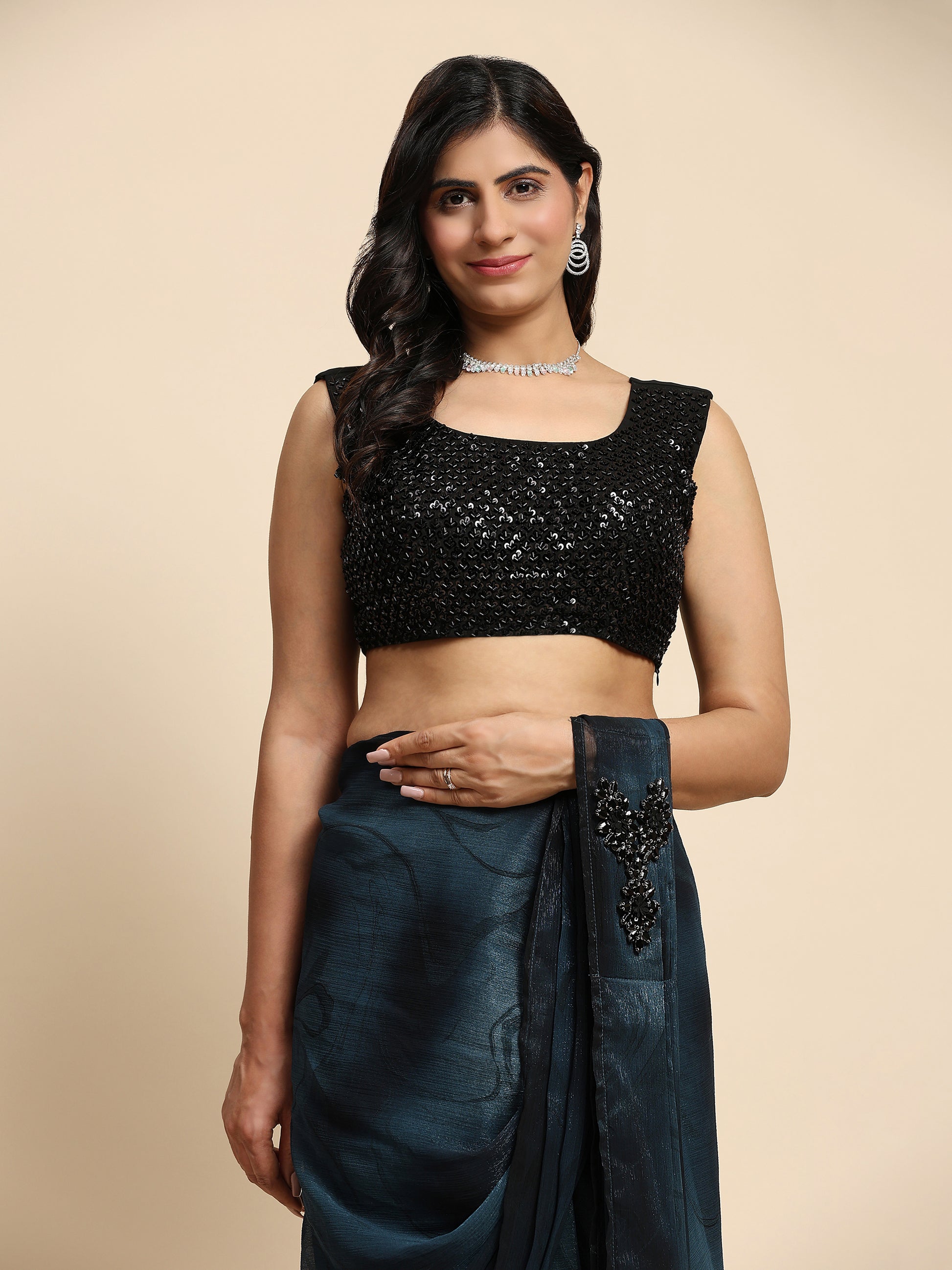 Stunning Navy Blue Printed Satin Ready To Wear Saree With Blouse