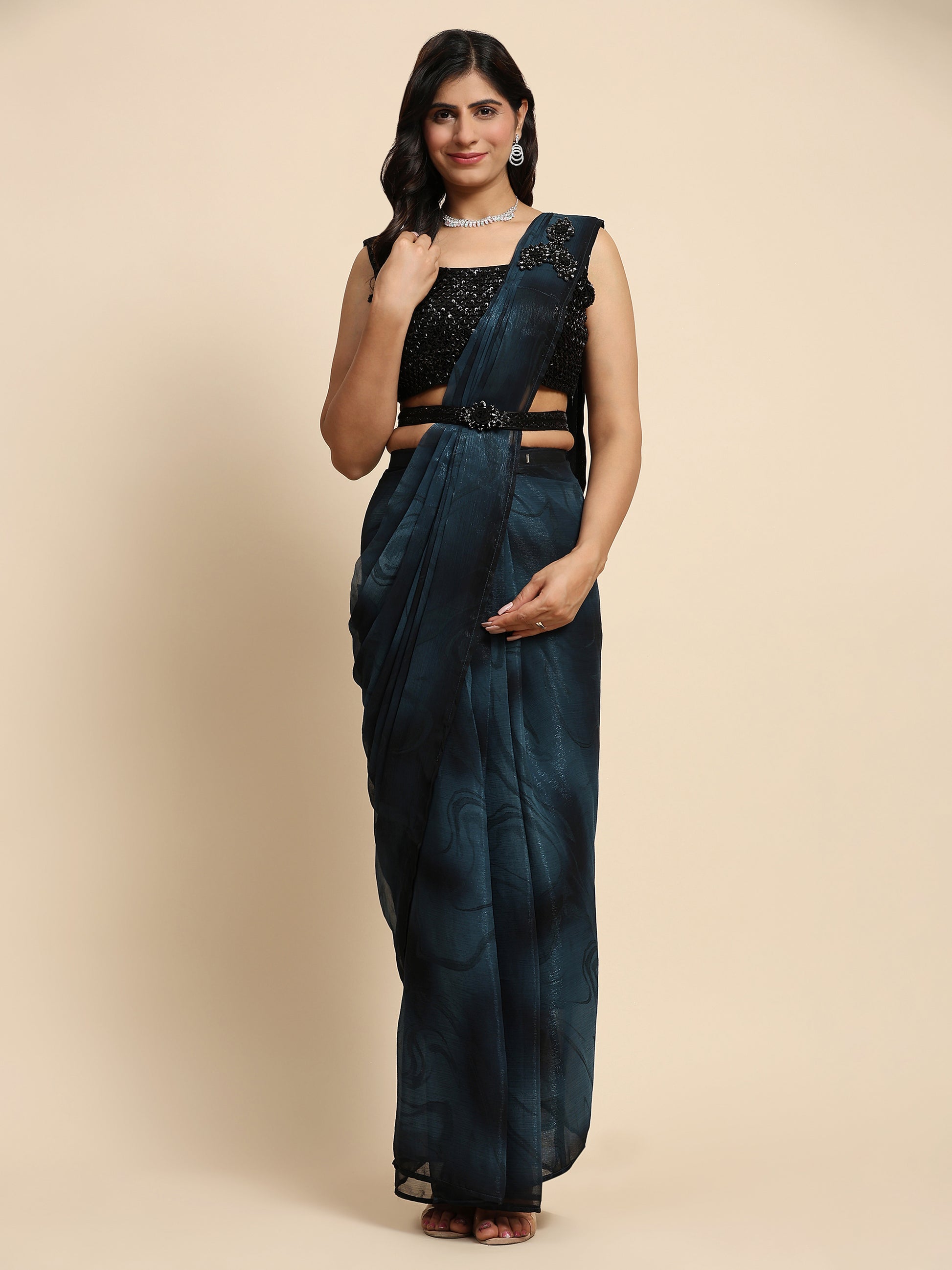 Stunning Navy Blue Printed Satin Ready To Wear Saree With Blouse