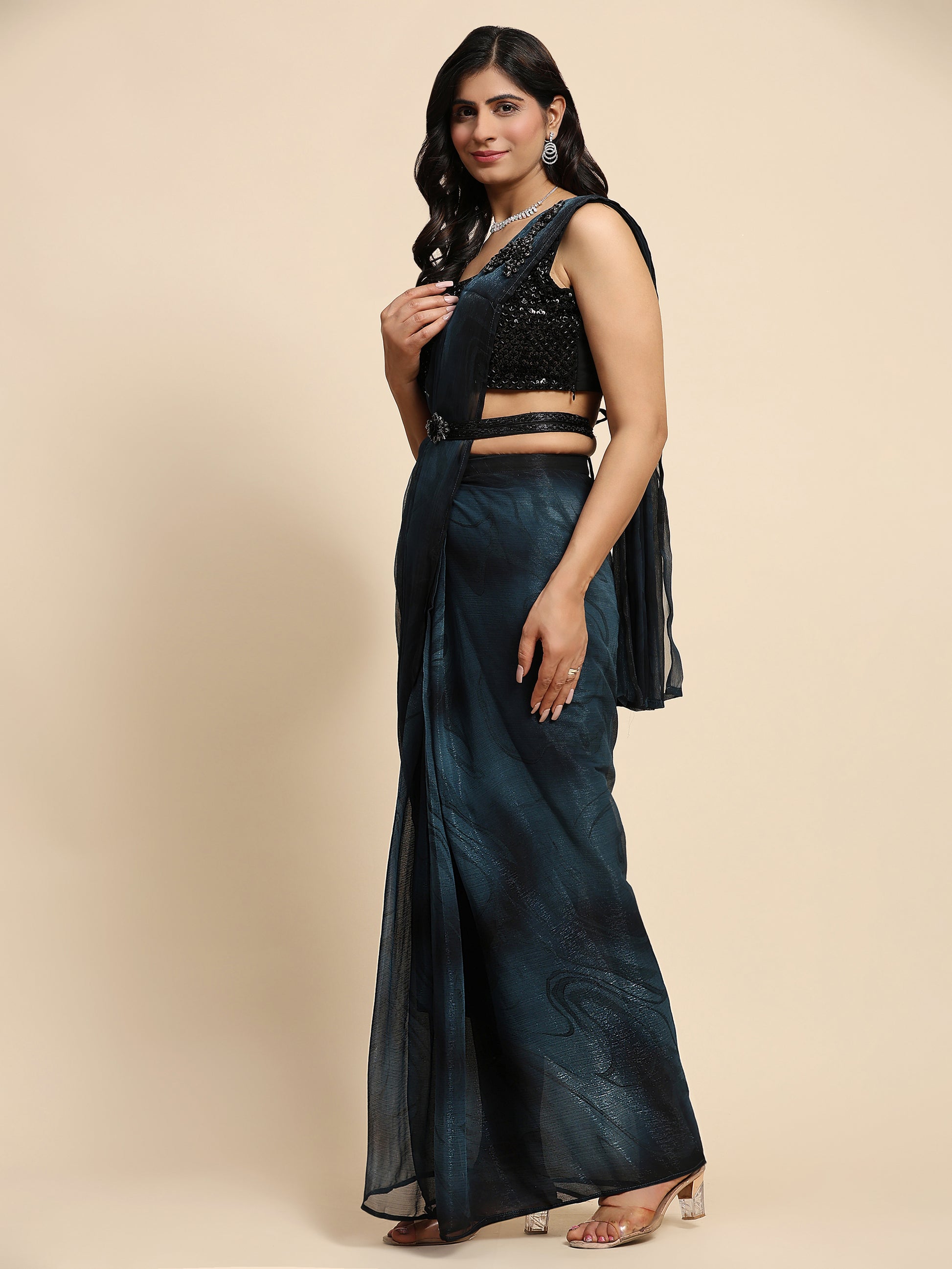 Stunning Navy Blue Printed Satin Ready To Wear Saree With Blouse