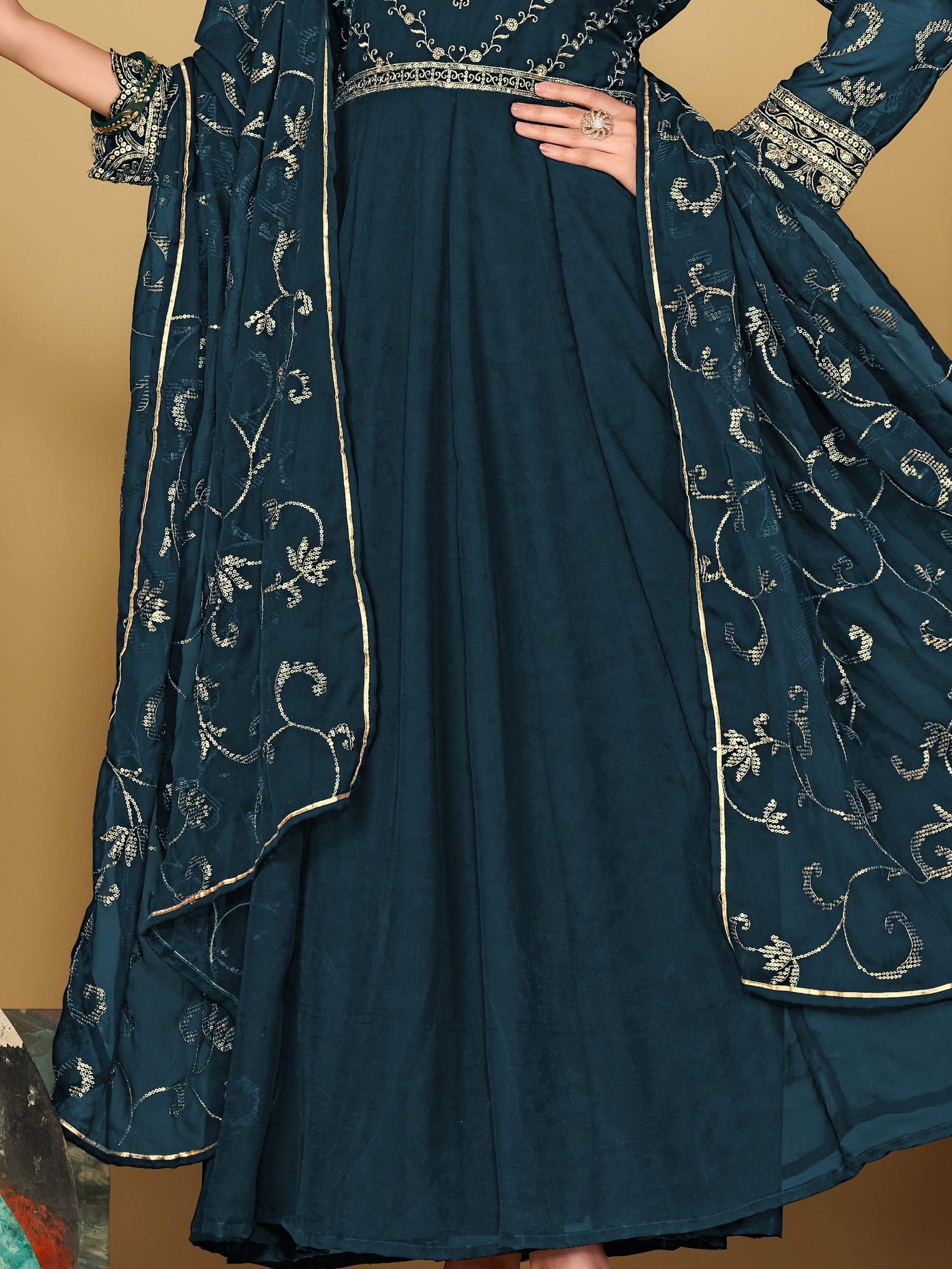 Sublime Teal Blue Sequins Georgette Sangeet Wear Anarkali Suit