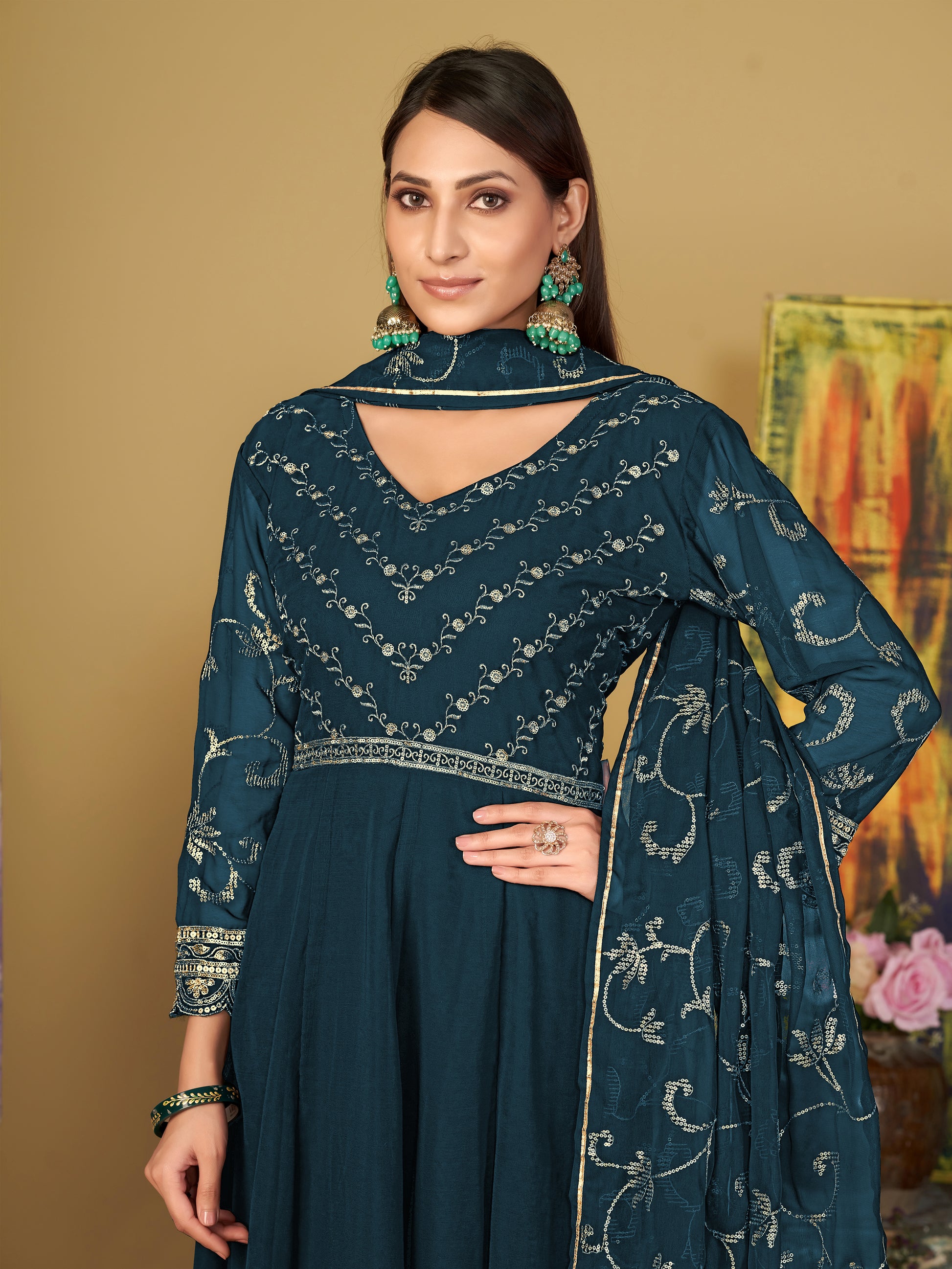 Sublime Teal Blue Sequins Georgette Sangeet Wear Anarkali Suit