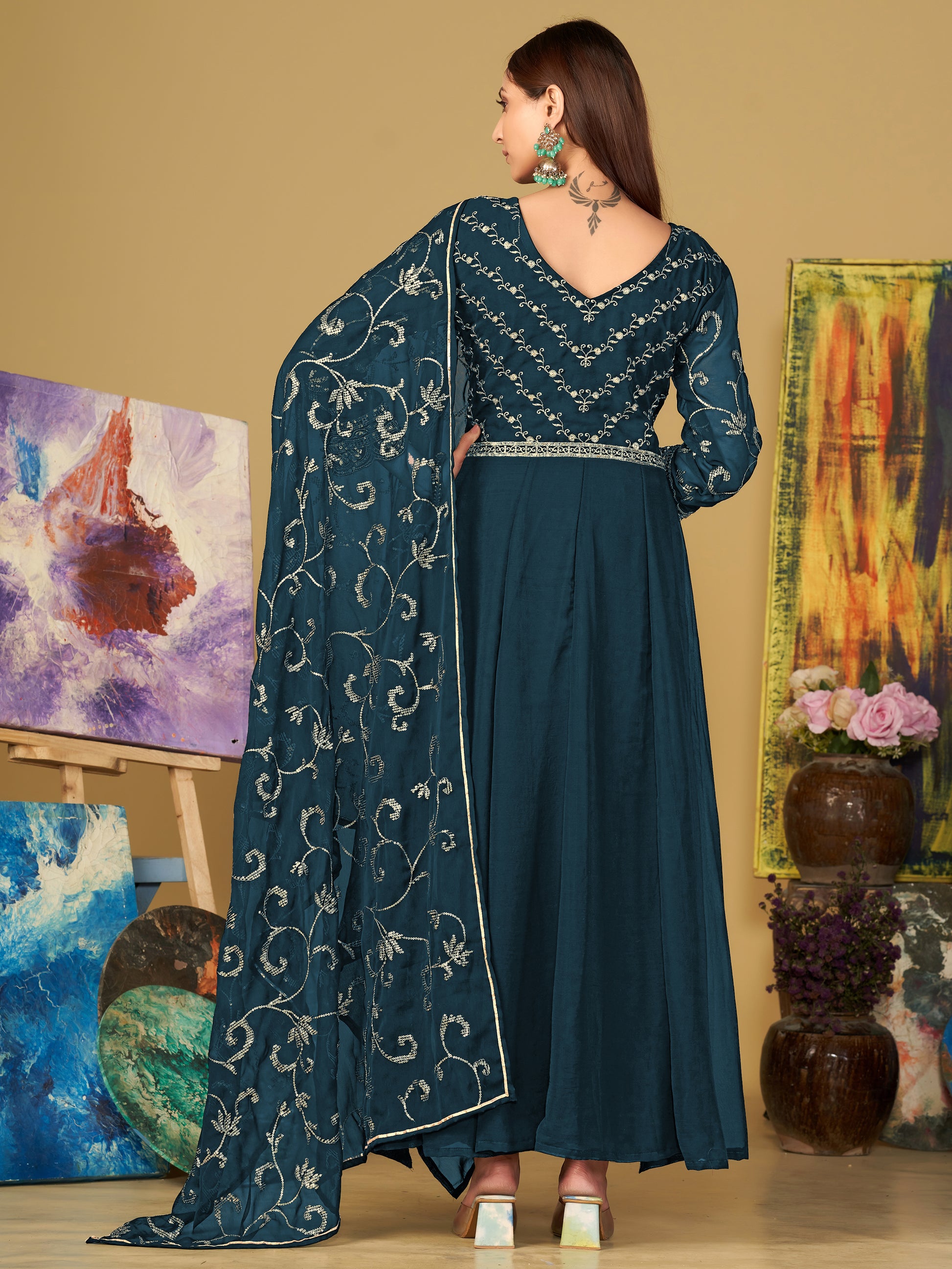 Sublime Teal Blue Sequins Georgette Sangeet Wear Anarkali Suit
