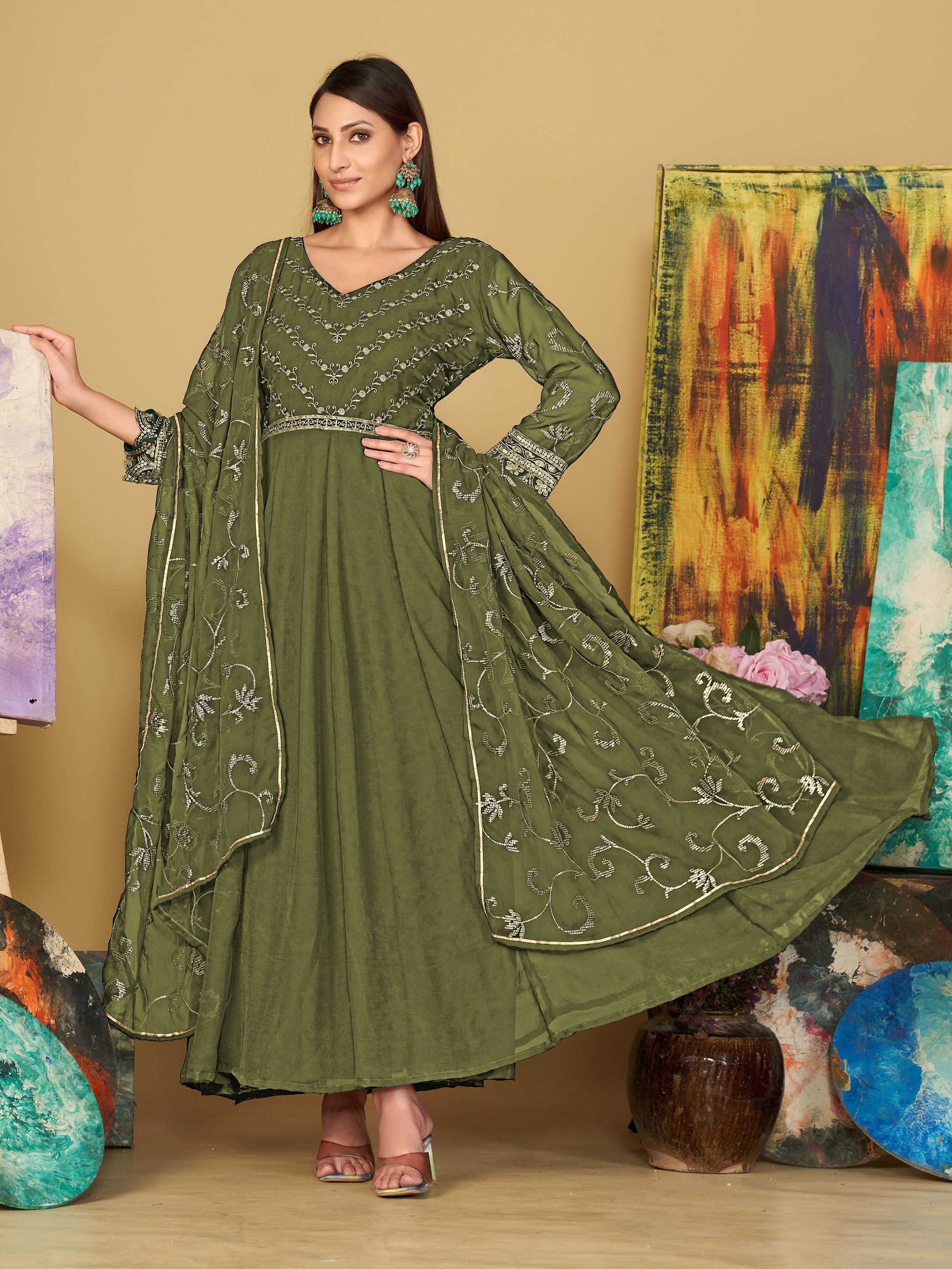 Virtuous Olive Green Sequins Georgette Festive Wear Anarkali Suit