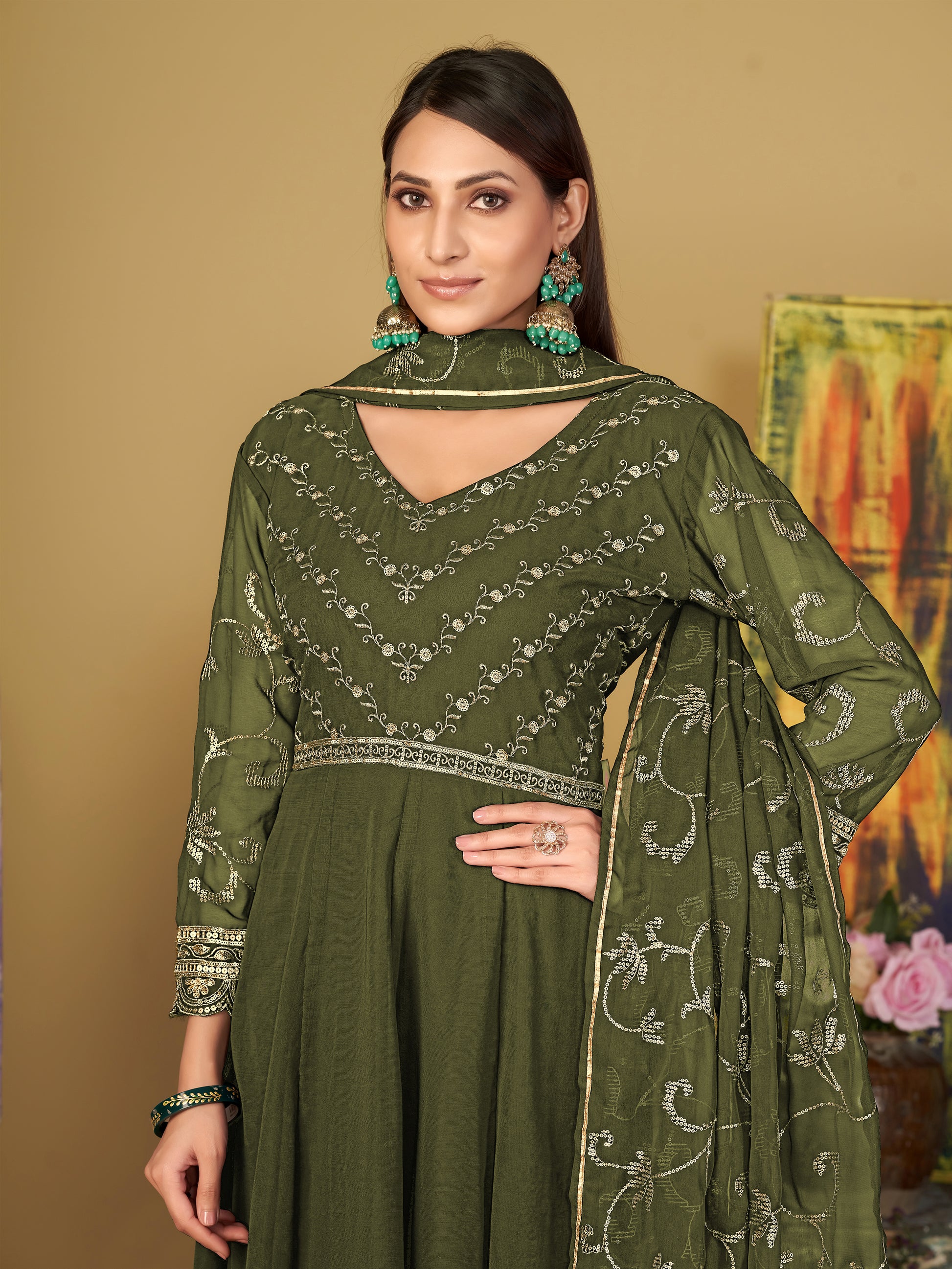 Virtuous Olive Green Sequins Georgette Festive Wear Anarkali Suit
