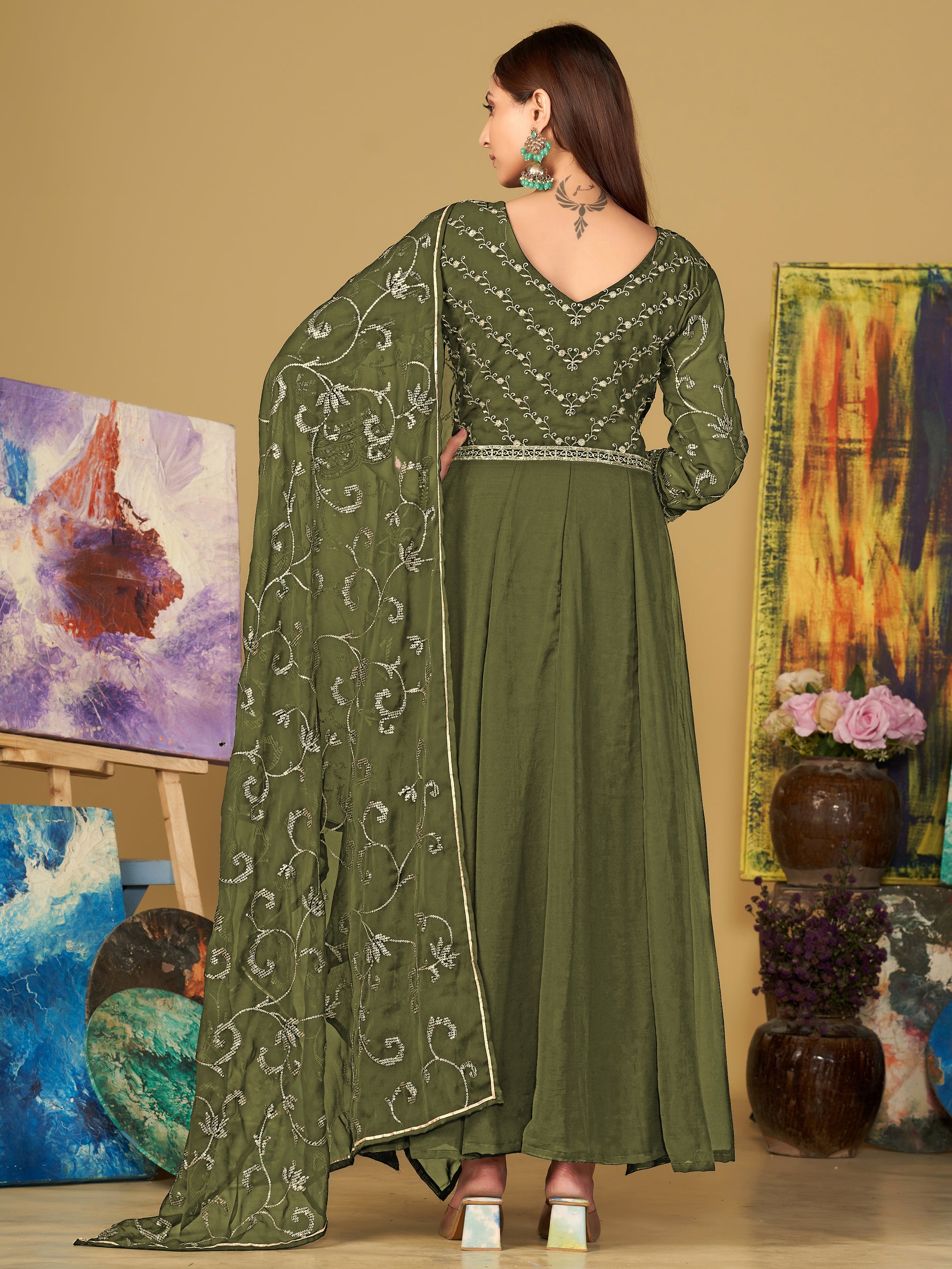 Virtuous Olive Green Sequins Georgette Festive Wear Anarkali Suit
