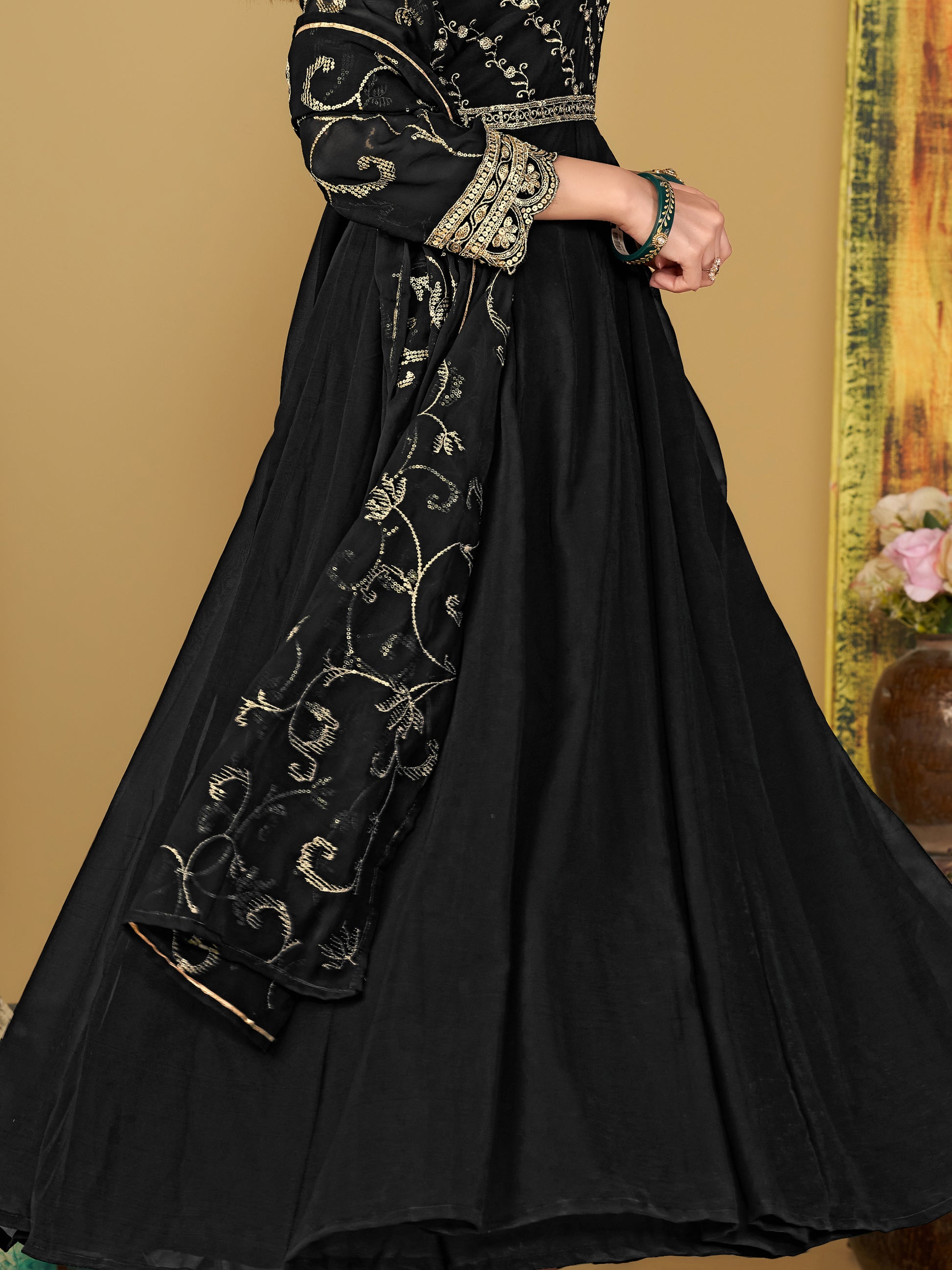 Lavish Black Sequins Georgette Anarkali Suit With Dupatta