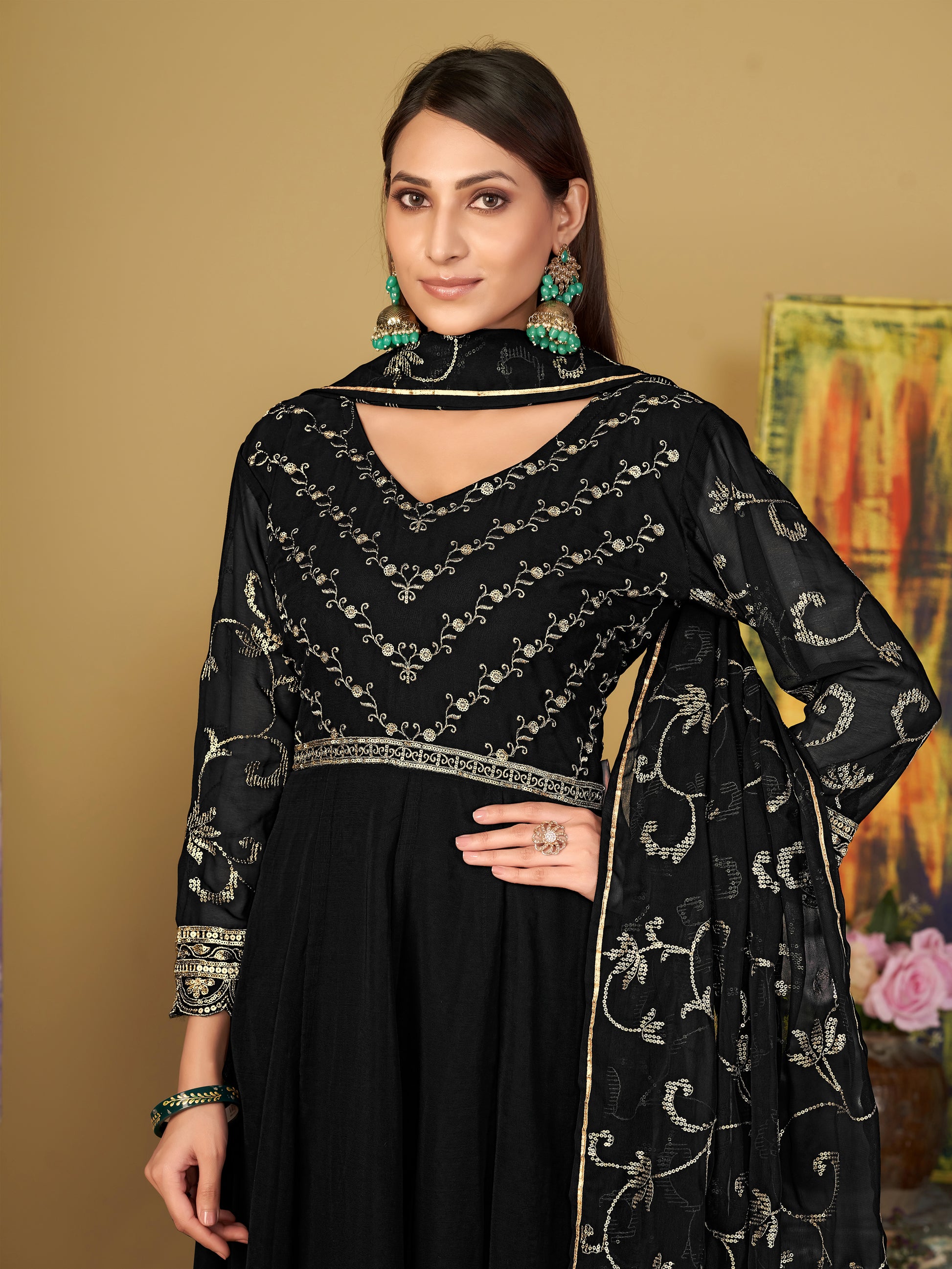 Lavish Black Sequins Georgette Anarkali Suit With Dupatta
