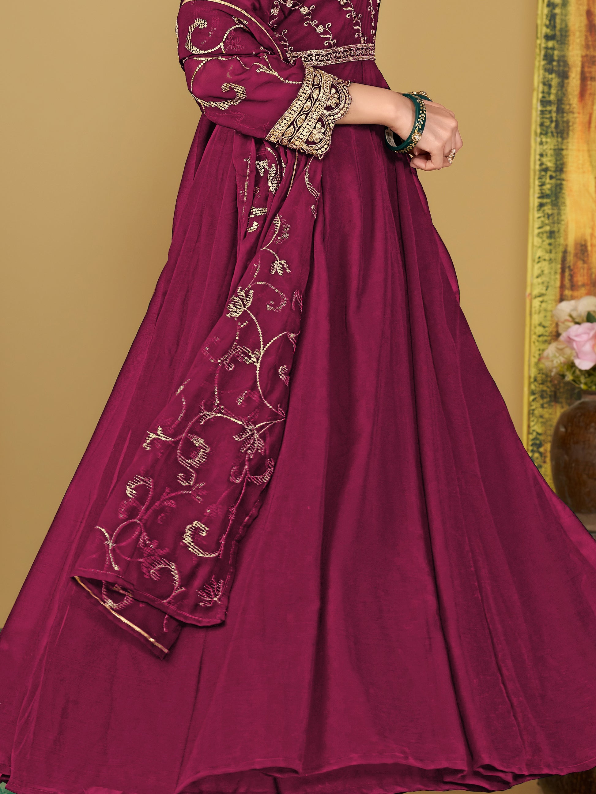 Elegant Dark Pink Sequins Georgette Reception Wear Anarkali Suit