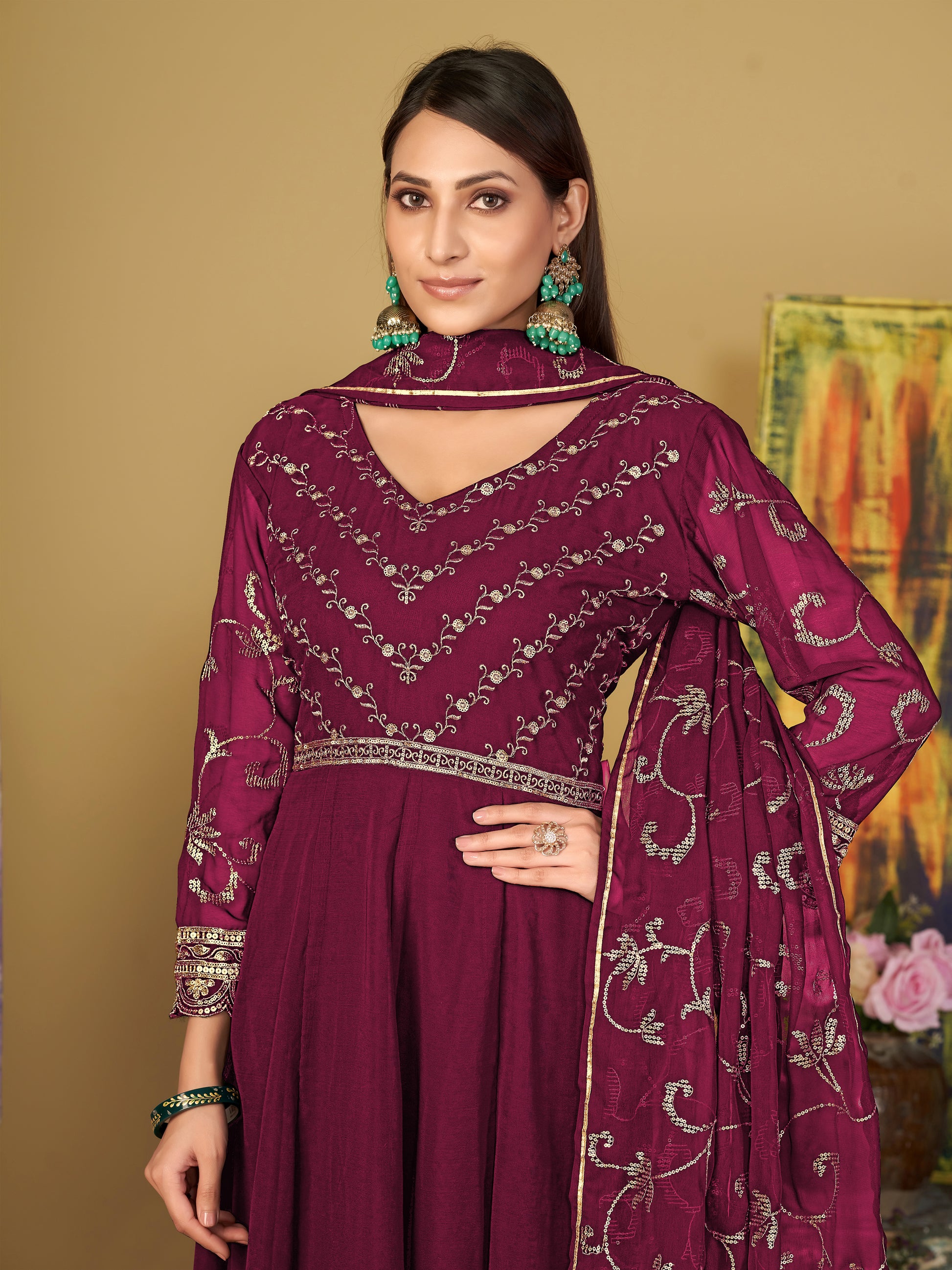 Elegant Dark Pink Sequins Georgette Reception Wear Anarkali Suit