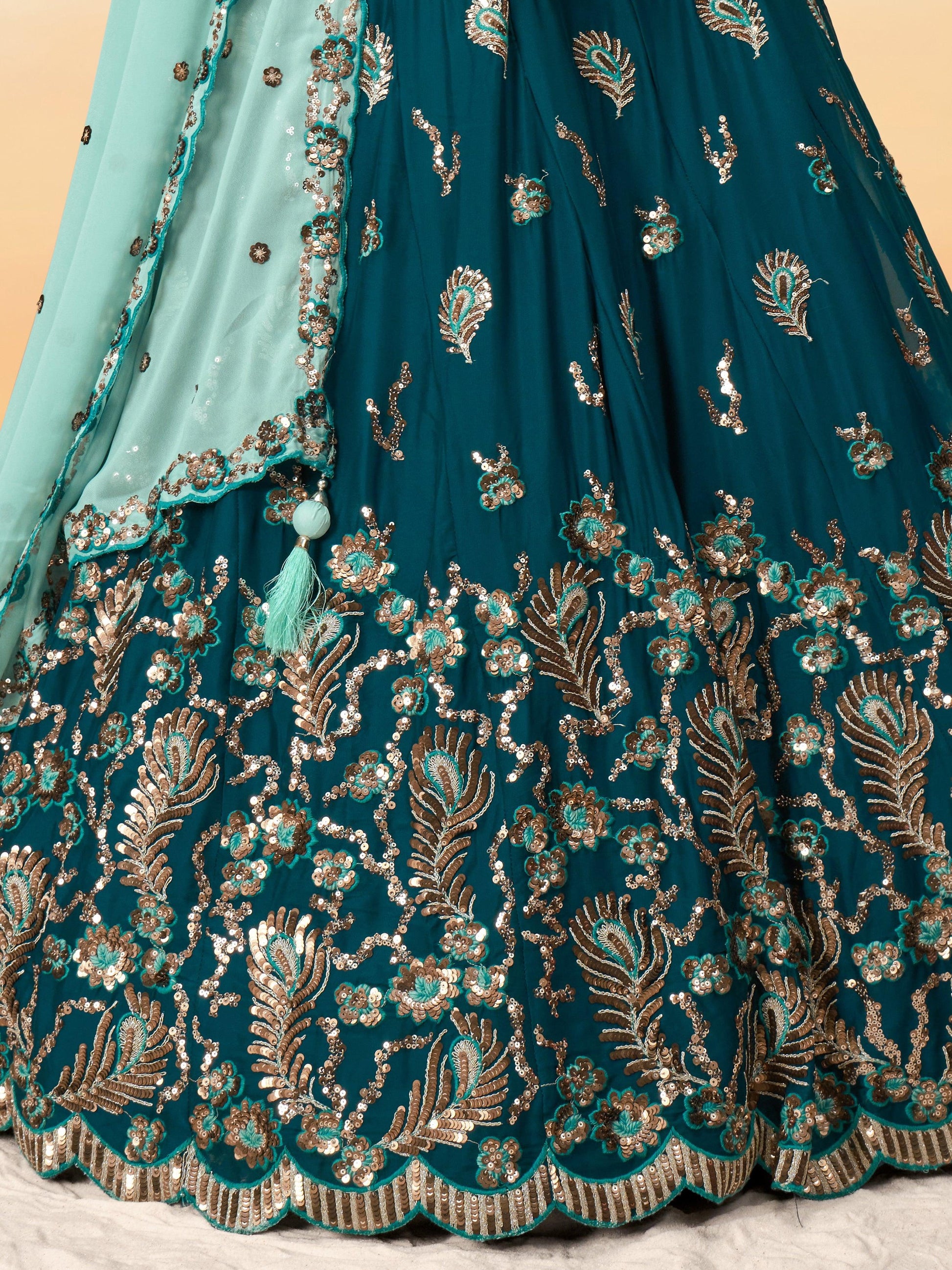 Alluring Teal Green Sequins Georgette Sangeet Wear Lehenga Choli
