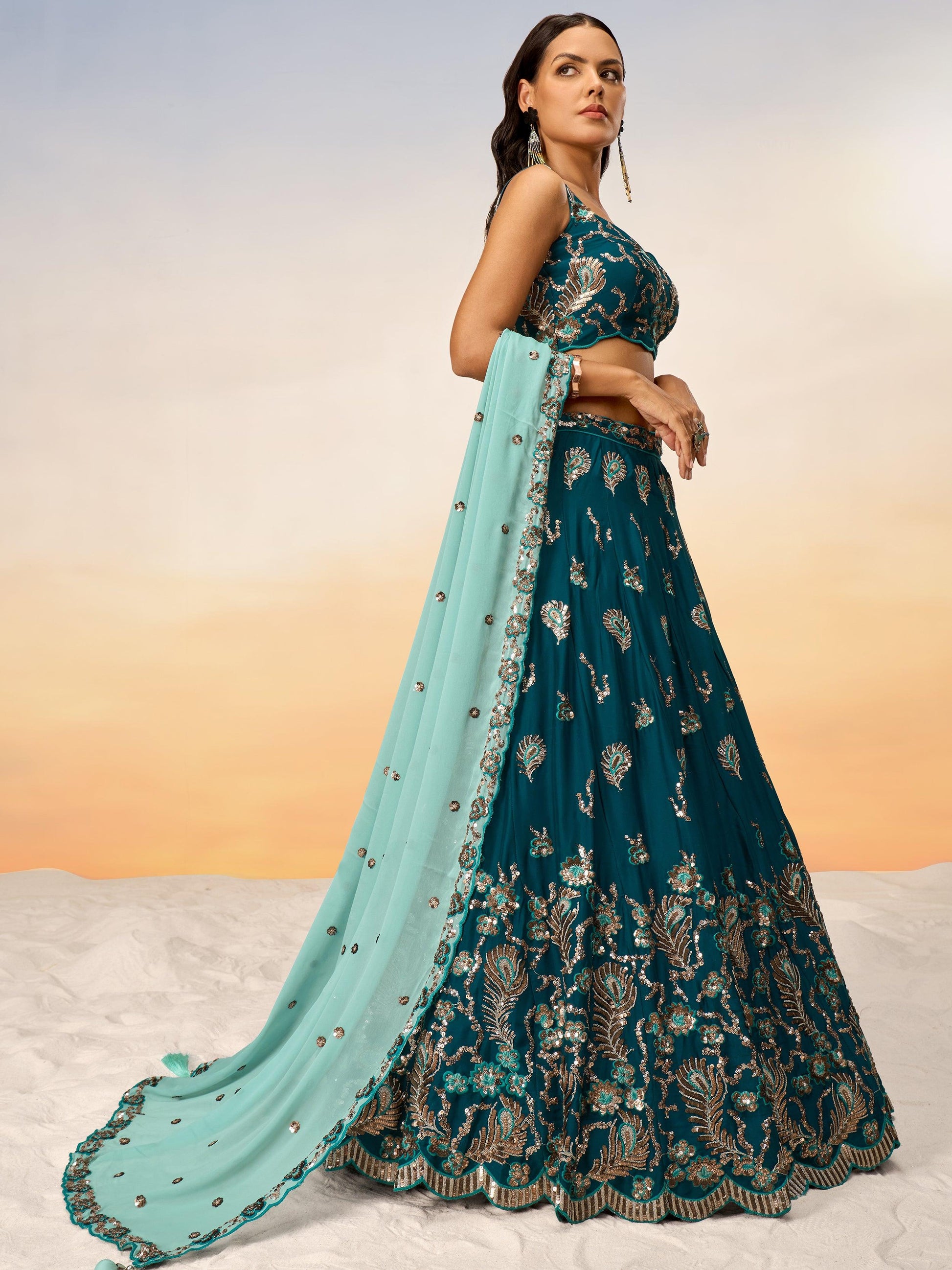 Alluring Teal Green Sequins Georgette Sangeet Wear Lehenga Choli