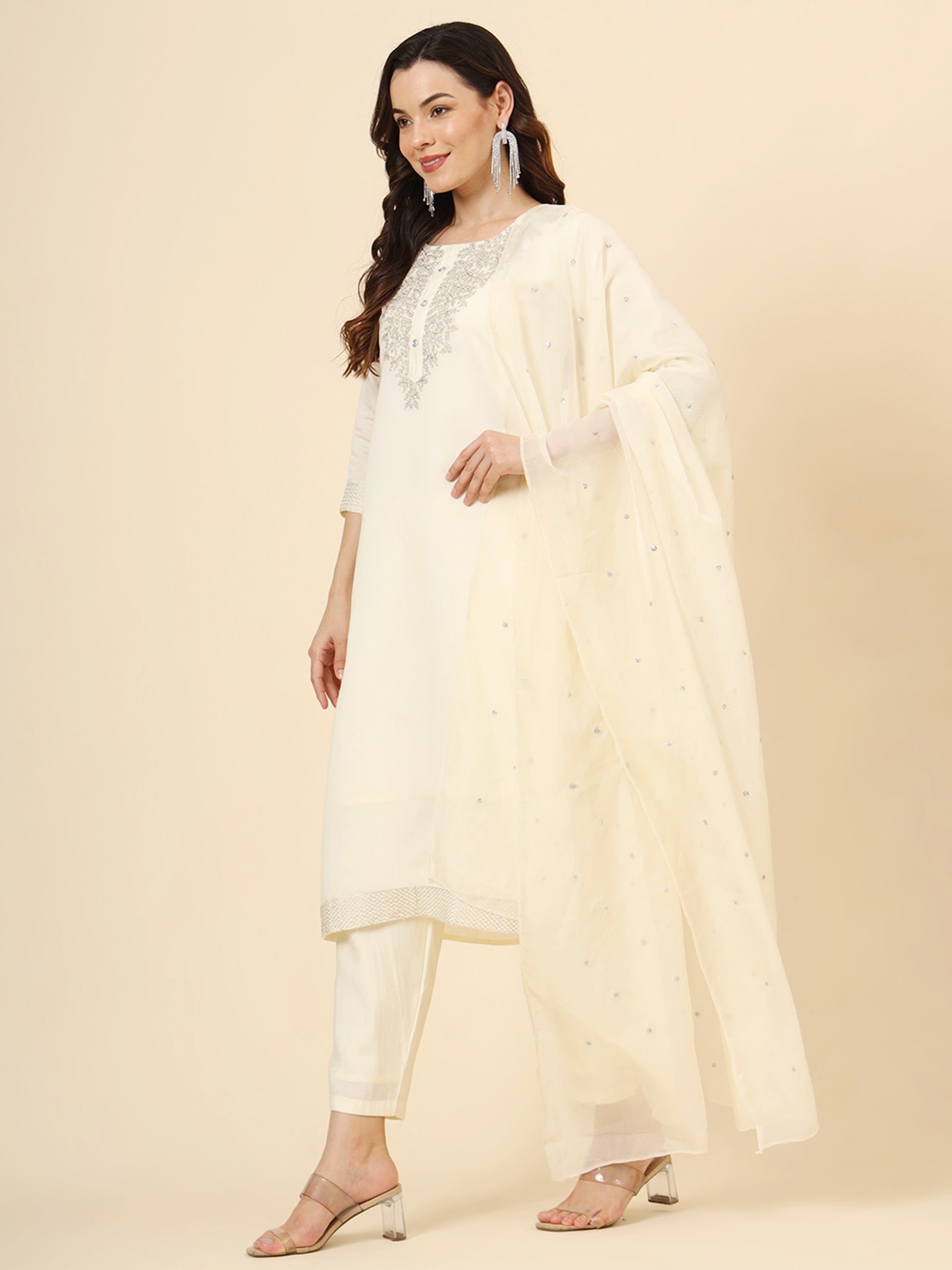 Stunning Cream Embroidered Muslin Silk Traditional Pant Suit