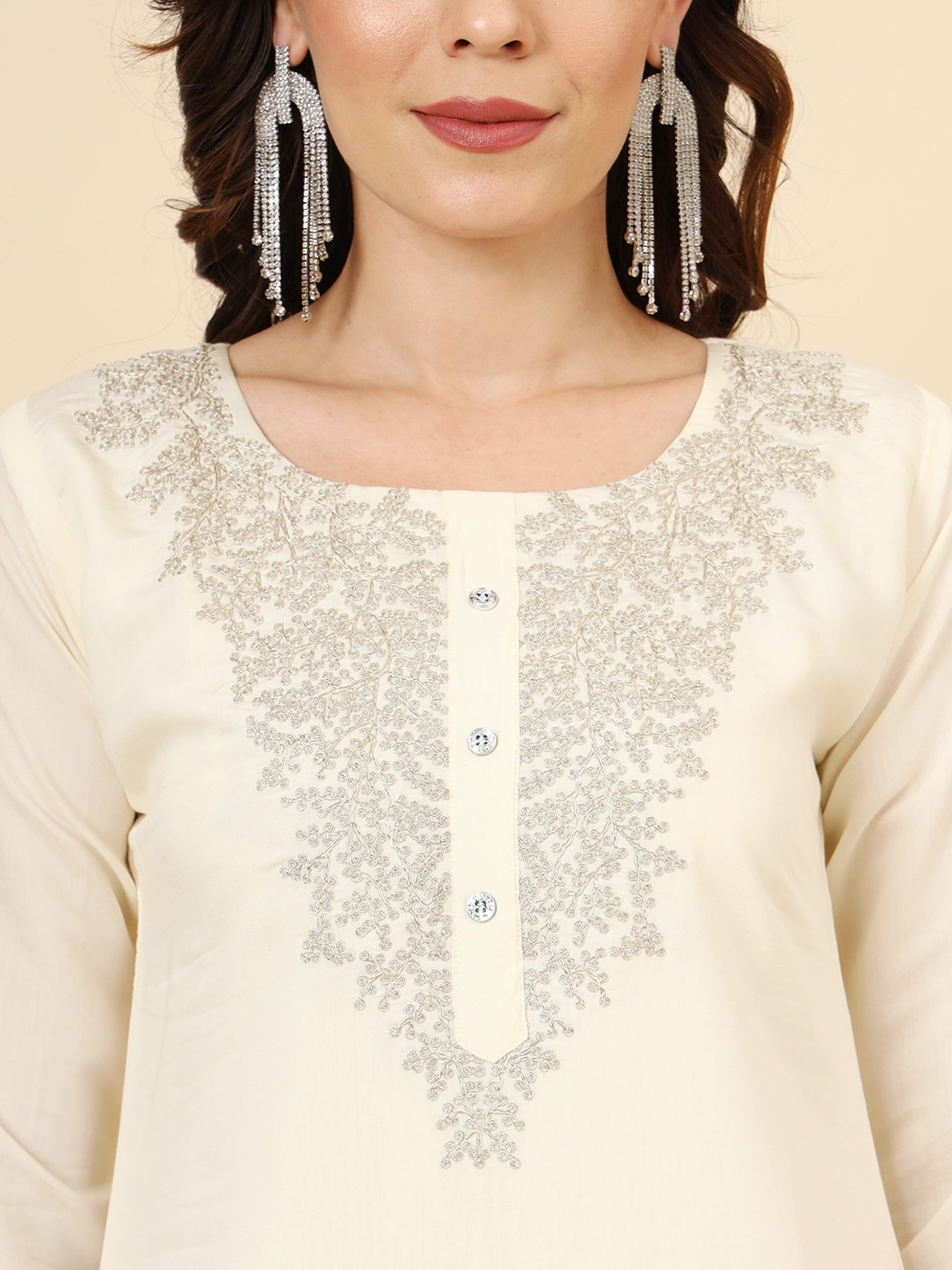 Stunning Cream Embroidered Muslin Silk Traditional Pant Suit