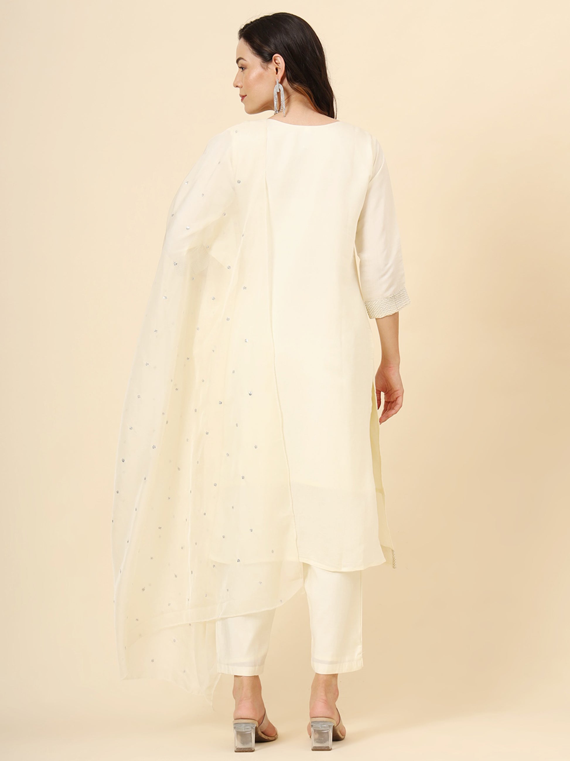 Stunning Cream Embroidered Muslin Silk Traditional Pant Suit