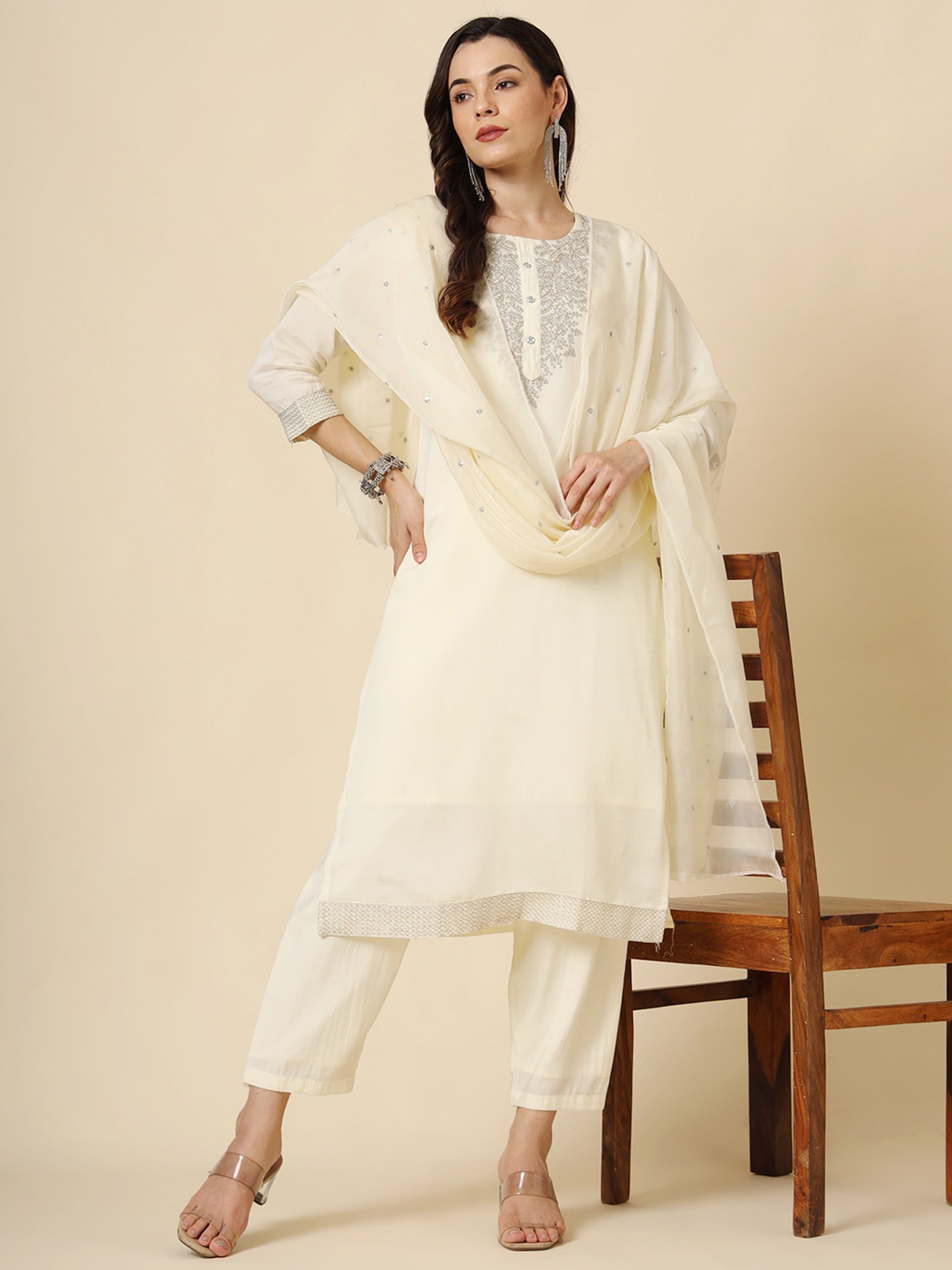 Stunning Cream Embroidered Muslin Silk Traditional Pant Suit