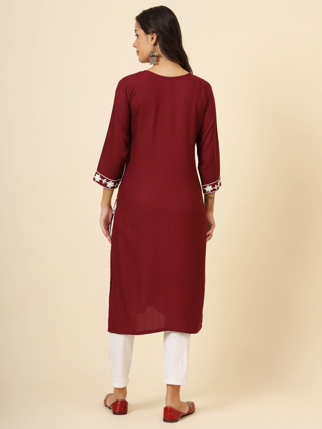 Wonderful Maroon Thread Embroidery Rayon Office Wear Kurti