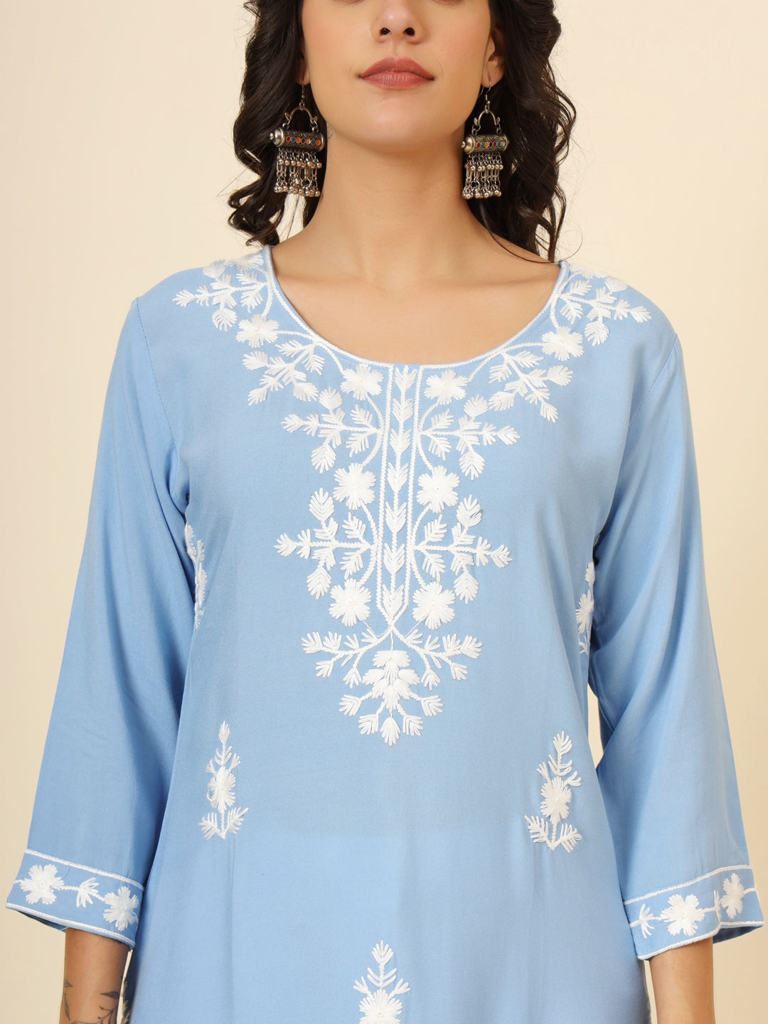 Incredible Sky-Blue Thread Embroidery Rayon Casual Wear Kurti