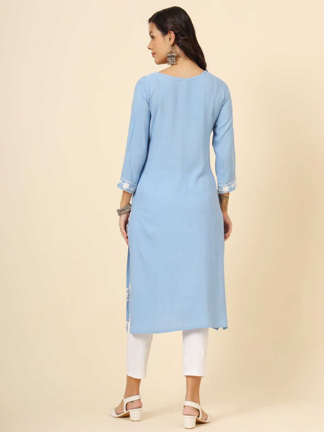 Incredible Sky-Blue Thread Embroidery Rayon Casual Wear Kurti