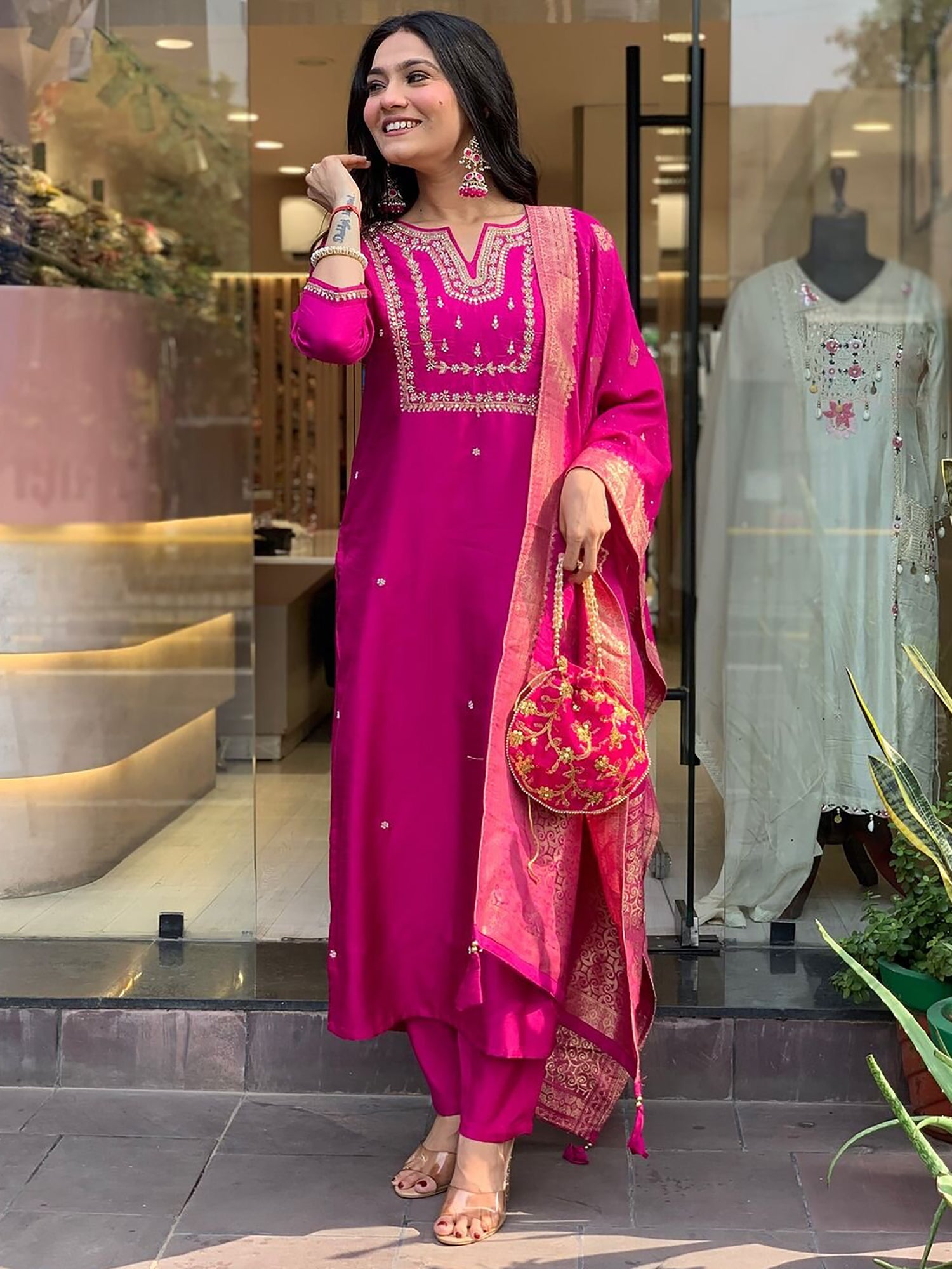 Wonderful Rani Pink Hand Work Viscose Engagement Wear Pant Suit
