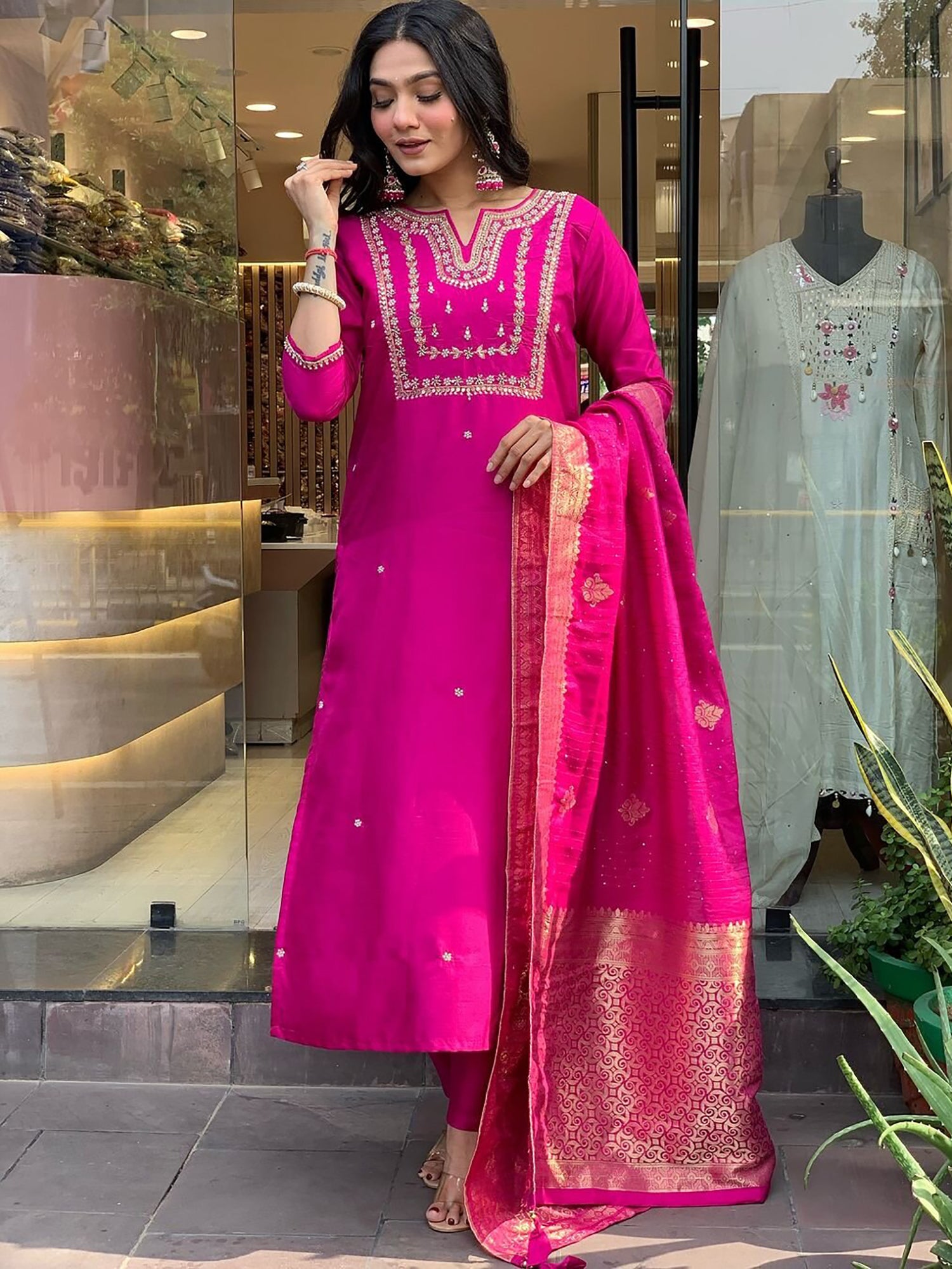 Wonderful Rani Pink Hand Work Viscose Engagement Wear Pant Suit