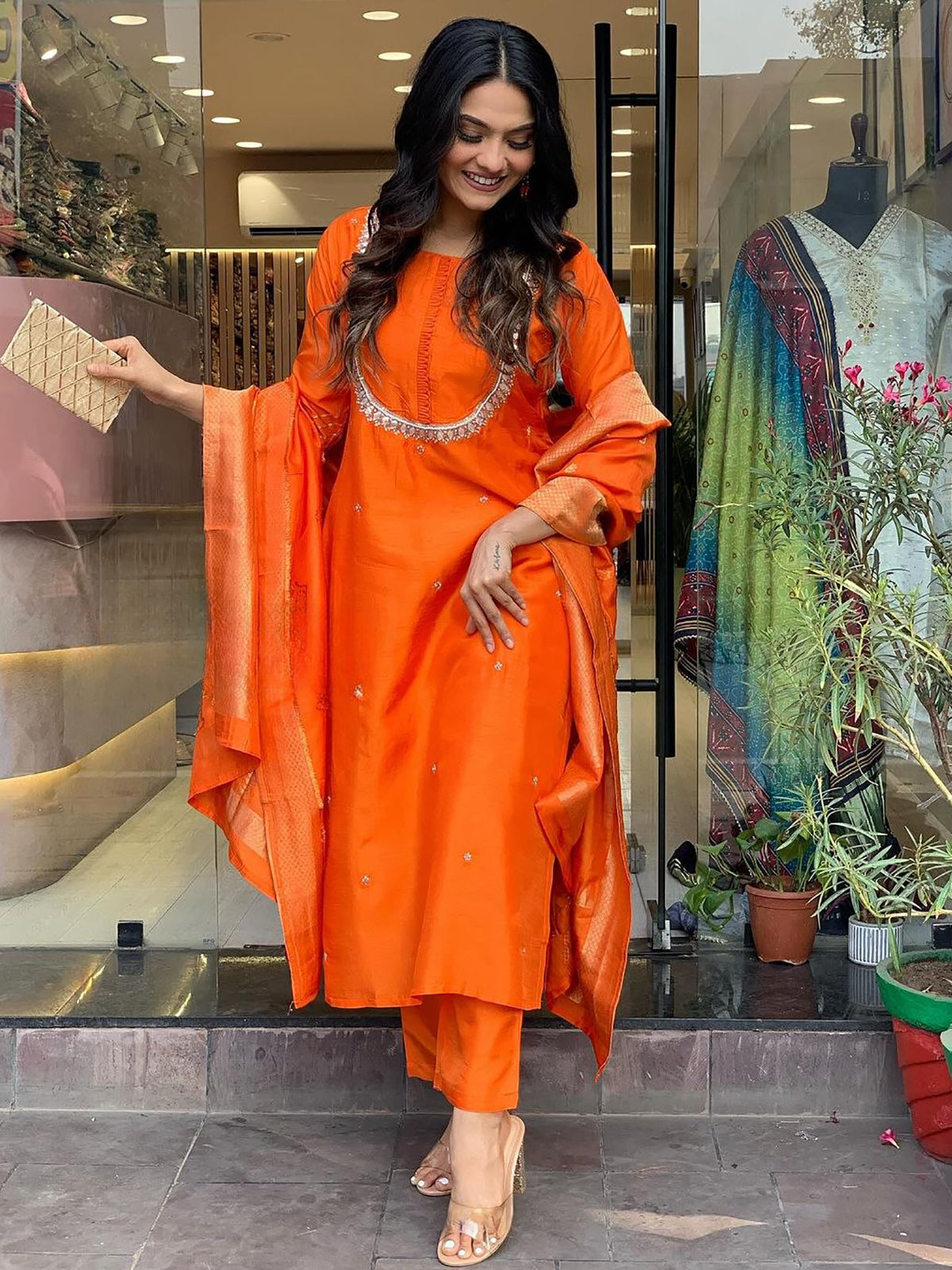 Charming Orange Embroidered Viscose Traditional Pant Suit