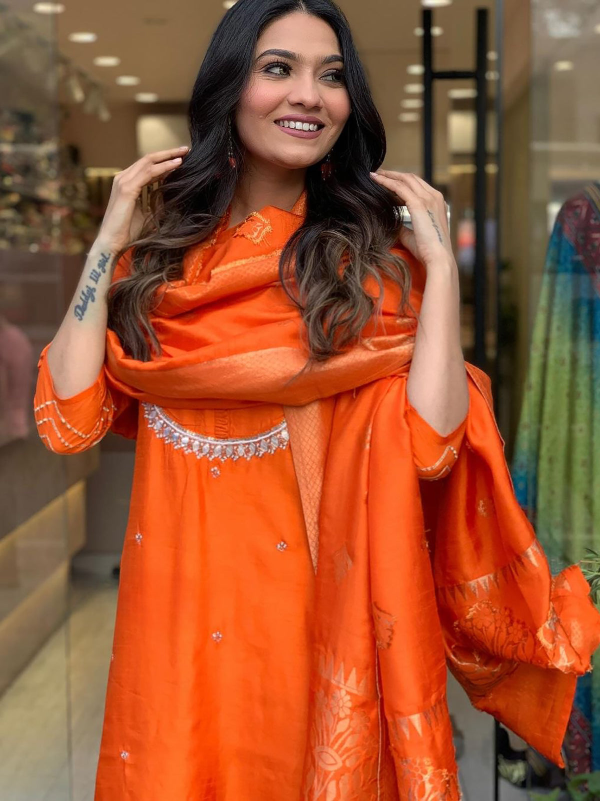Charming Orange Embroidered Viscose Traditional Pant Suit