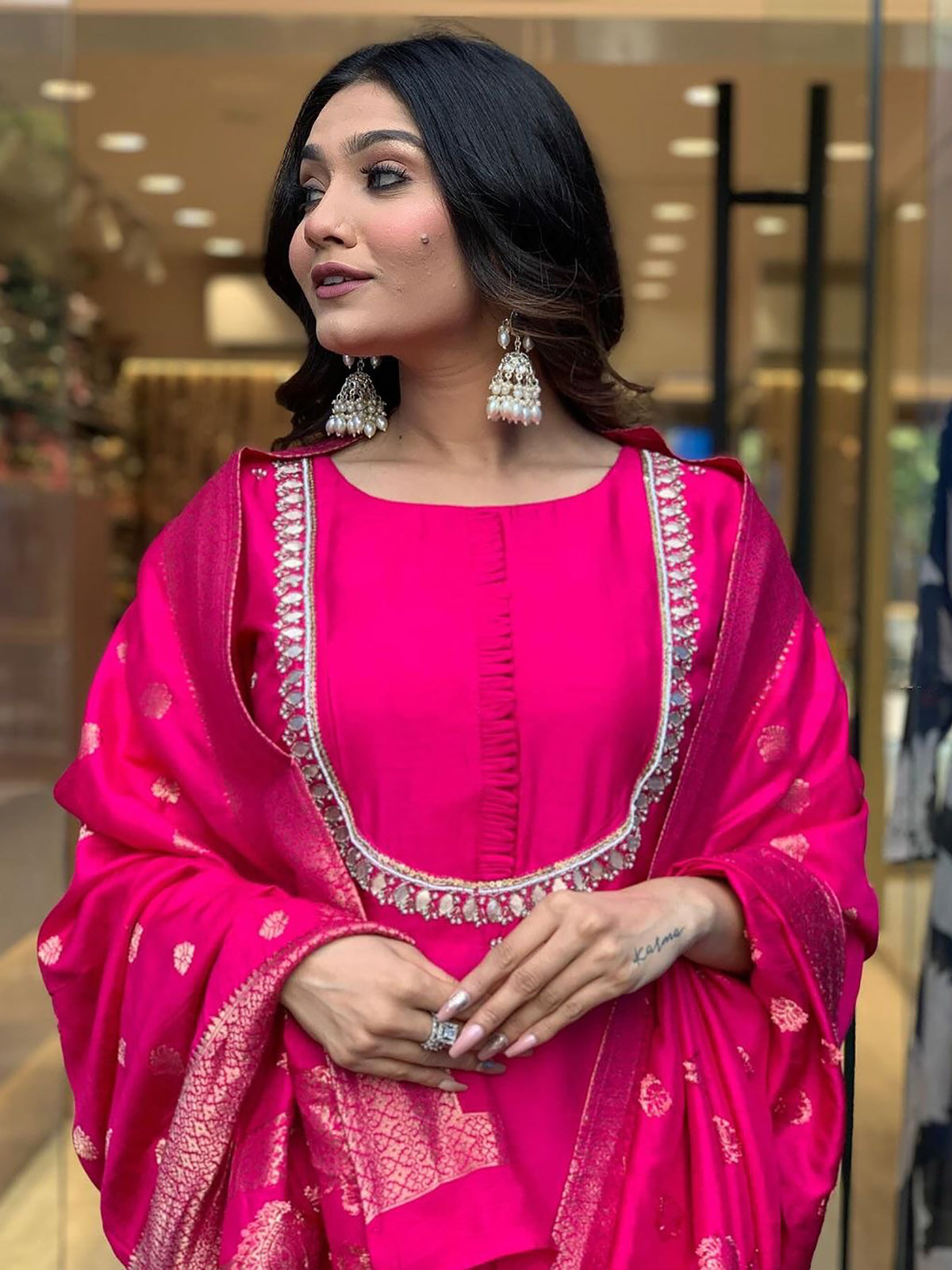 Attractive Pink Embroidered Viscose Pant Suit With Dupatta