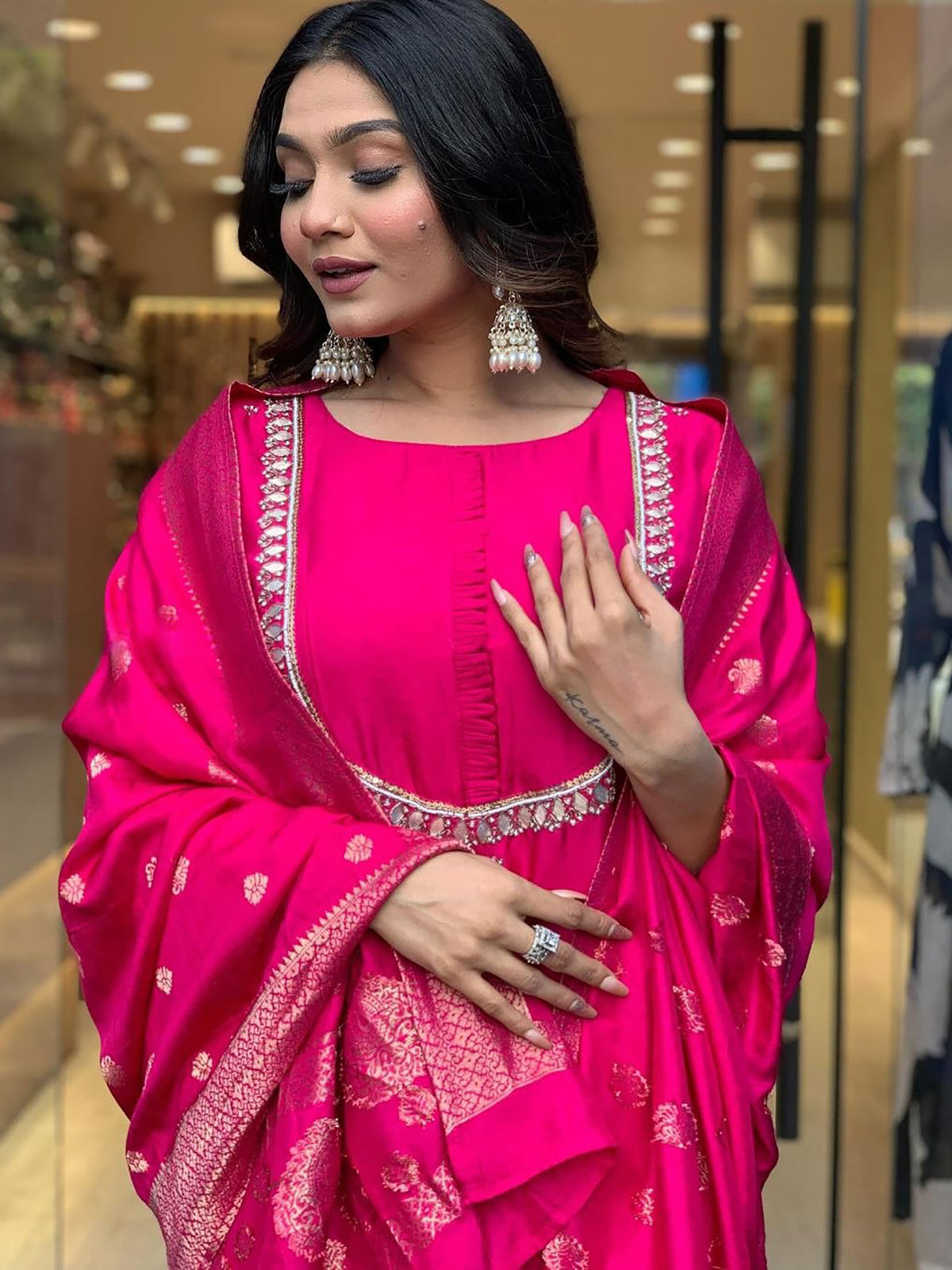 Attractive Pink Embroidered Viscose Pant Suit With Dupatta