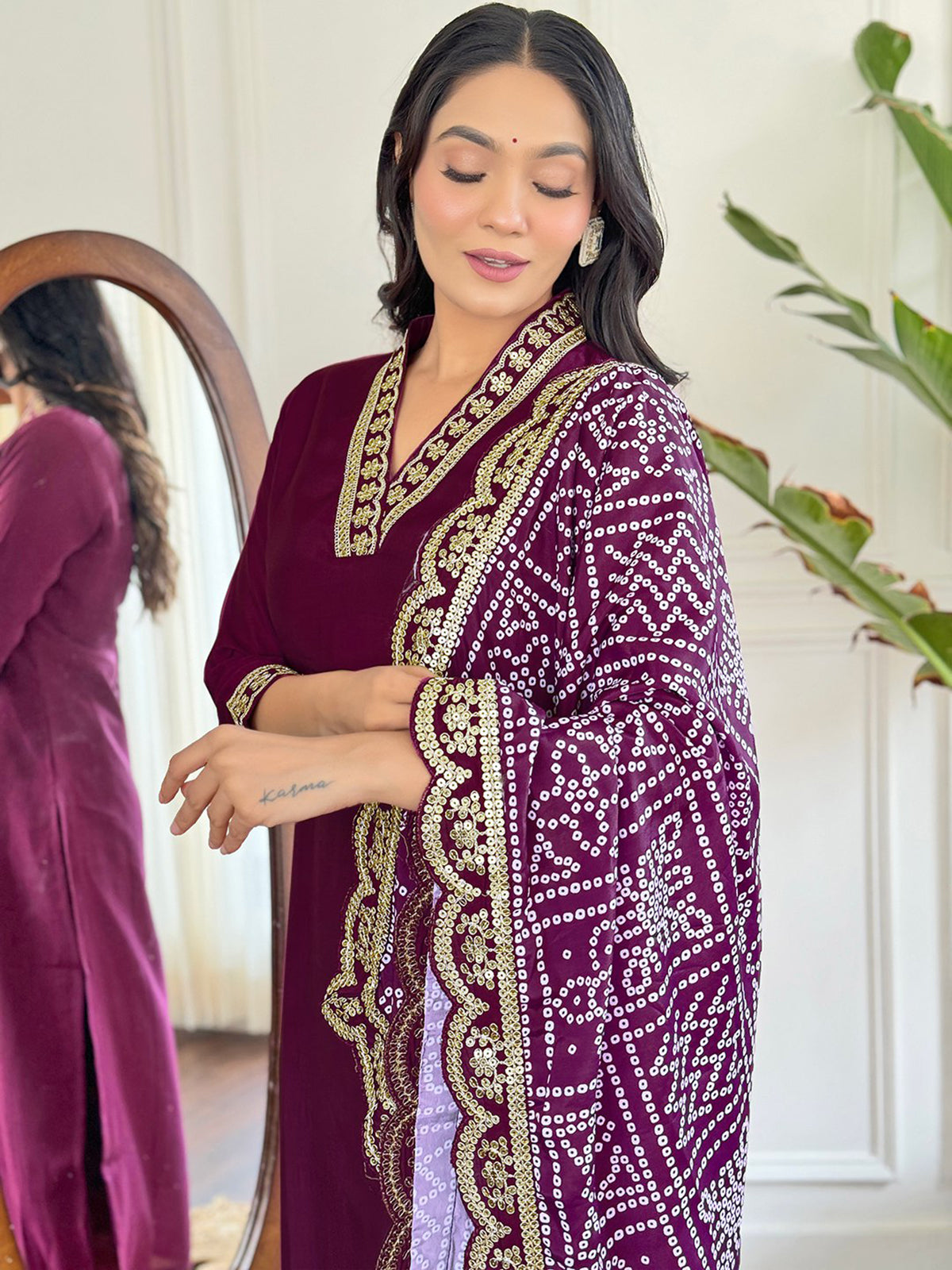 Lovely Wine Viscose Event Wear Pant Suit With Bandhani Dupatta