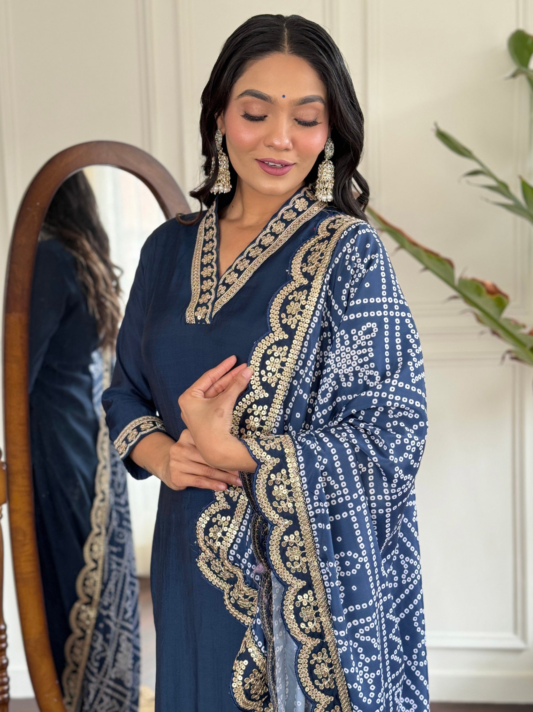 Alluring Blue Viscose Festival Wear Pant Suit With Bandhani Dupatta